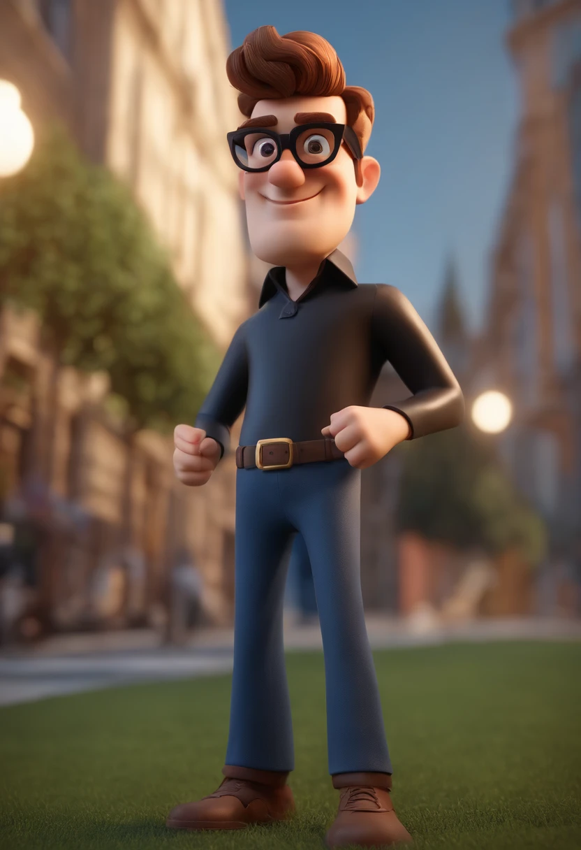 Cartoon character of a man wearing black glasses and a blue shirt, um personagem animado, Caractere estilizado, animation style rendering, 3D estilizado, Arnold Maya render, 3 d render stylized, toon render keyshot, Personagem 3D, Personagem 3D, 3d rendering stylized, 3 d character render, personagem de desenho animado, Personagem de close up, Pose de personagem, (Estilo Pixar) (master part:1.2) (Bokeh) (best quality) (pele detalhada) (textura detalhada) (8k) (argila) (Cinematic lighting) (foco nítido，Senta e vaza a parte superior do corpo