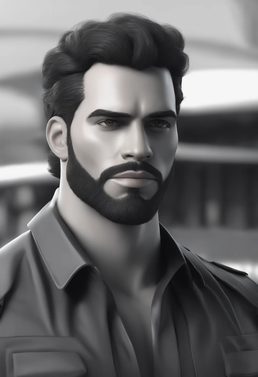 Cartoon character of a young man with medium beard, nariz largo e orelhas pequenas,  com cabelos pretos curto jogado de lado, body with defined muscles but not too strong, com roupas pretas de academia, animation character, Caractere estilizado, animation style rendering, 3D estilizado, Arnold Maya render, 3 d render stylized, toon render keyshot, Personagem 3D, Personagem 3D, 3d rendering stylized, 3 d character render, personagem de desenho animado, Personagem de close up, Pose de personagem,  (Estilo Pixar) (master part:1.2) (Bokeh) (best quality) (pele detalhada) (textura detalhada) (8k) (argila) (Cinematic lighting) (foco nítido