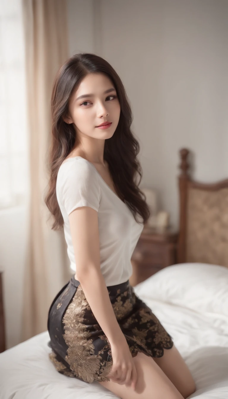 ultra-realistic realism, tmasterpiece, Best quality, Ultra-detailed wide angle, Best quality, 8K, natural lightting, Soft lighting, rays of sunshine, ( Full body photo of 1 beautiful girl,Quarterly view,In the bedroom, Tik, beautidful eyes, Long straight black hair, Uses detailed beautidful silk skirt , Glowing core, brightly:1.3).(model bedroom in the background:1.4) hdr (HighDynamicRange), Maximum clarity and sharpness, Many-Layer Textures, Fotor is realistic, ultra-realistic realism, Hipper de Tarado, analogue style, Soft lighting, Subsoil scattering, realisticlying, heavy shadow, tmasterpiece, Best quality, Ultra photo realsisim, 8K, Golden ratio, 复杂, High detail, Film photography, soft focus, ,GH3A,Tren 4