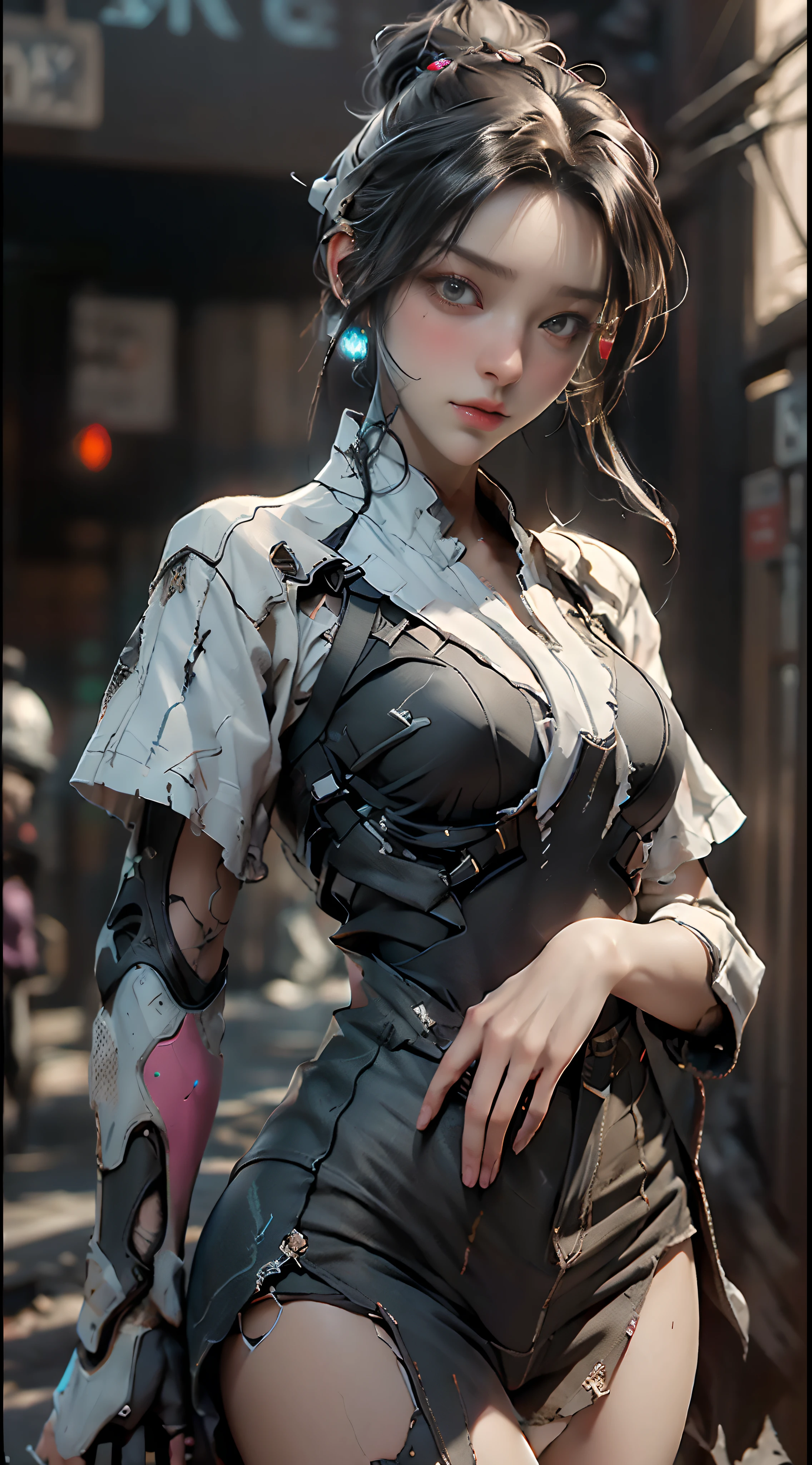 ((top-quality)), ((​masterpiece)), (detaileds:1.4), 。.3D, Beautiful Cyberpunk Woman Image,nffsw(HighDynamicRange),Ray traching,NVIDIA RTX,Hyper-Resolution,Unreal 5,Sub-surface scattering,PBR Texturing,Postprocess,Anisotropy Filtering,depth of fields,Maximum clarity and sharpness,multi-layer texture,Albedo and specular maps,Surface Shading,Accurate simulation of light-material interactions,perfectly proportions,Octane Rendering,Two-tone lighting,Wide aperture,Low ISO、White Balance、thirds rule、8K Raw、(((place々Clothes are torn)))(((Clothes are tattered)))