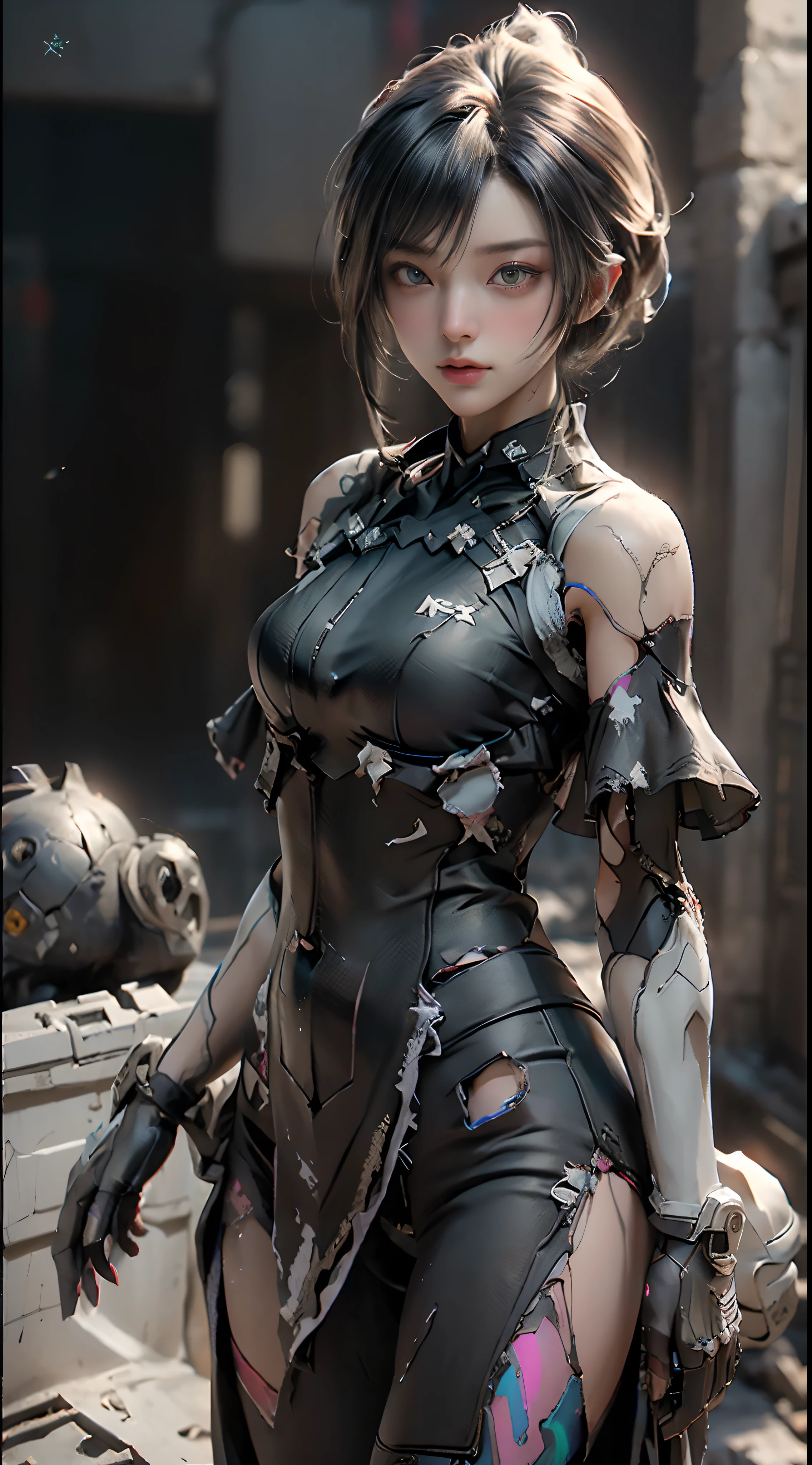 ((top-quality)), ((masterpiece)), (detaileds:1.4), 。.3D, Beautiful Cyberpunk Woman Image,nffsw(HighDynamicRange),Ray traching,NVIDIA RTX,Hyper-Resolution,Unreal 5,Sub-surface scattering,PBR Texturing,Postprocess,Anisotropy Filtering,depth of fields,Maximum clarity and sharpness,multi-layer texture,Albedo and specular maps,Surface Shading,Accurate simulation of light-material interactions,perfectly proportions,Octane Rendering,Two-tone lighting,Wide aperture,Low ISO、White Balance、thirds rule、8K Raw、(((place々Clothes are torn)))(((Clothes are tattered)))
