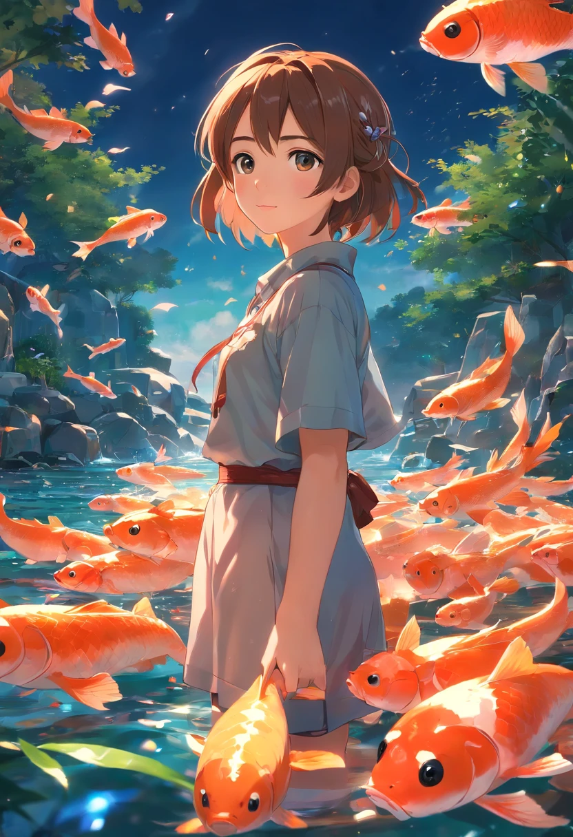 qualidade de imagem do filme，Disney Animation，style of disney animation，Disney film animation，Filmes 3D，China-style，Girl with short pigtails standing in front of a huge koi，mar de swell，profundidade de campos，Luz alta，luz real，Traching de raias，oc renderizado，hyper-realistic，melhor qualidade，8k，Obras de mestres，super-fino，pelos pubianos detalhados，anatomia correta，sharp focus on eyes，Bokeh，Facial features are carefully described