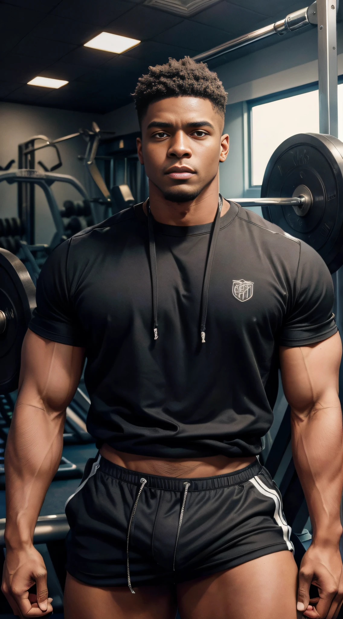 ((Masterpiece, Best quality, high resolution))，Strong man，athlete，Sweatshirt，Black skin，negroid，A calm look，gym room，Handsome，年轻，anime style art