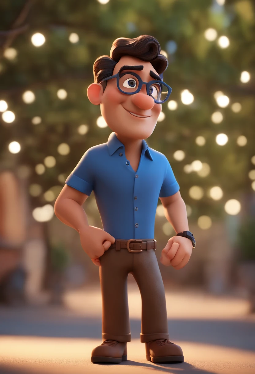 Cartoon character of a man wearing black glasses and a blue shirt, um personagem animado, Caractere estilizado, animation style rendering, 3D estilizado, Arnold Maya render, 3 d render stylized, toon render keyshot, Personagem 3D, Personagem 3D, 3d rendering stylized, 3 d character render, personagem de desenho animado, Personagem de close up, Pose de personagem, (Estilo Pixar) (master part:1.2) (Bokeh) (best quality) (pele detalhada) (textura detalhada) (8k) (argila) (Cinematic lighting) (foco nítido,Senta e vaza a parte superior do corpo