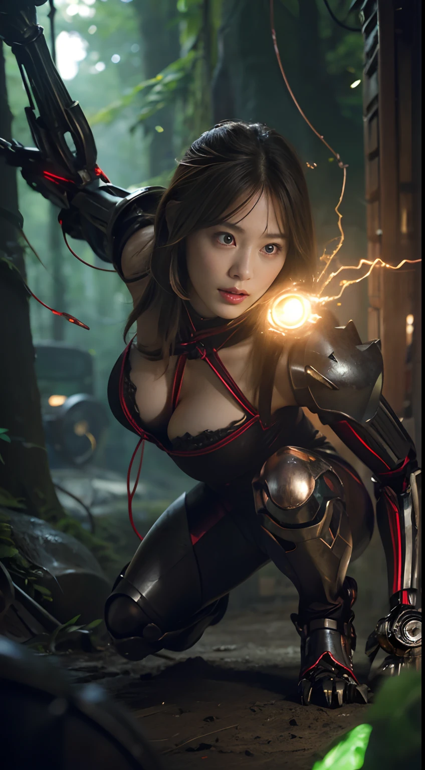 Full body like，(1 mechanical girl)、top-quality、tmasterpiece、超A high resolution、(Photorealsitic:1.4)、RAW photo、1 rapariga、Fight against mutants、glowy skin、(((1 mechanical girl)))、With a beautiful knife、（Yellow metallic leggings）、(Leprechaun、Ogre、Fierce battles with orcs),（Fierce battles with aliens）、Guild wars、(Beautiful forest backgrounds)、(Fight monsters)、(Small light-emitting diodes)、((Super realistic details))、porate、(Powerful giant monster background),globalillumination、black shadows、octan render、8K、ultrasharp、Colossal tits、Raw skin is exposed in cleavage、metals、Details of complex ornaments、Japan Details、highly intricate detail、Realistic light、(enigmatic expression),CGSoation trends、Red eyes、Radiant eyes、Facing the camera、neon light detail、(Mechanical limbs)、(blood vessels attached to the tube)、Mechanical vertebrae attached to the back、mechanical cervical attaching to neck、(wires and cables connecting to head)、gundam、Small light-emitting diodes、,Mechanical thighs、Tastok、（Hands are also made of machines）、（Monster attack）、（Wounded in deadly battles）、Full body like，