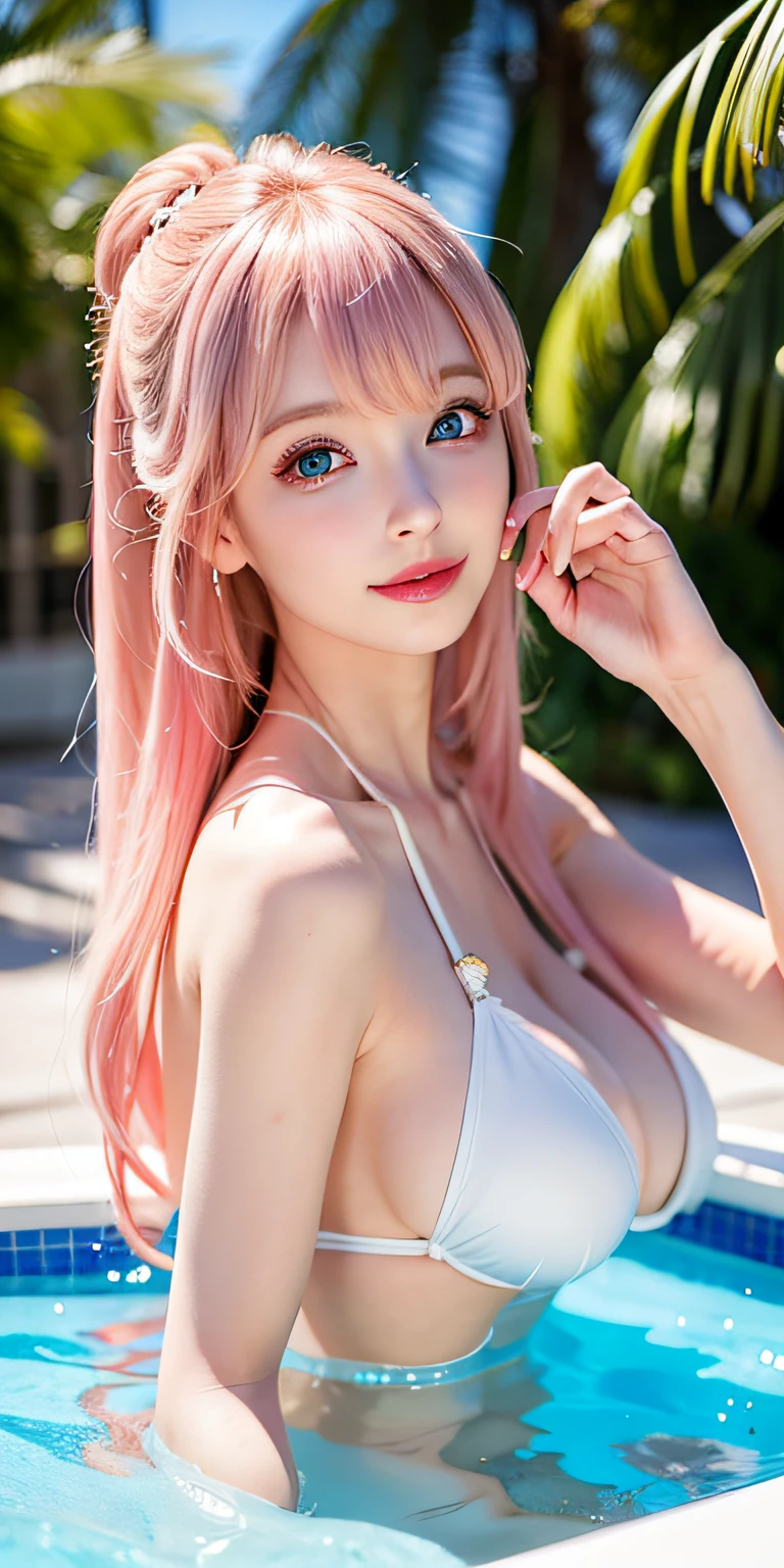 (8K, 4K, Best Quality, High Definition: 1.2), (Masteristic, Realistic, Photoreal: 1.37), 1 girl, Solo, Beautiful face, blue eyess、Eyelashes, Nose, Glossy lips, (Fine eyes, Beholder, Fair skin, White skin: 1.5), fine complexion, Upper body, Swimsuit, maikurobikini、Patterned Bikini
big, Big, (: 1.5),
outdoor bath,
ridiculously long hair, Blonde hair, Pink hair, Bangs, 2 sides up,
年轻, old, The shape of the fingers is beautiful, Areola visible