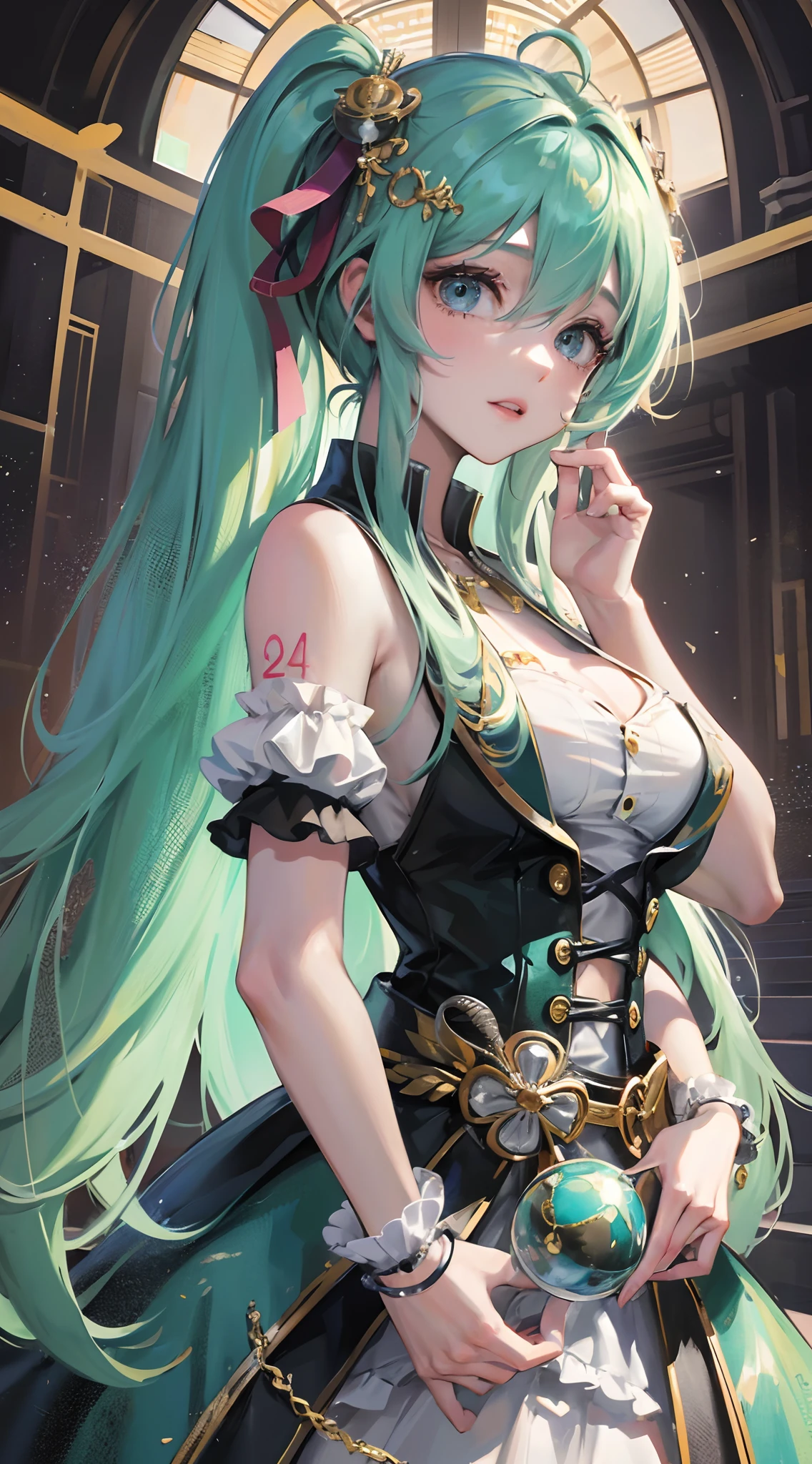 Absurdres masterpiece HDR high quality picture of Hatsune Miku, very young age girl 14 years old with detailed face, simple hair design , beautiful face, happy face, hands on waist and hands are hiding in her hair and clothes , very long hair, ((random hair style:1 )) , anime eyes, light skin ,
Courtesan outfit , detailed dress, detailed hair ornaments , concert stage background, masterpiece scenery