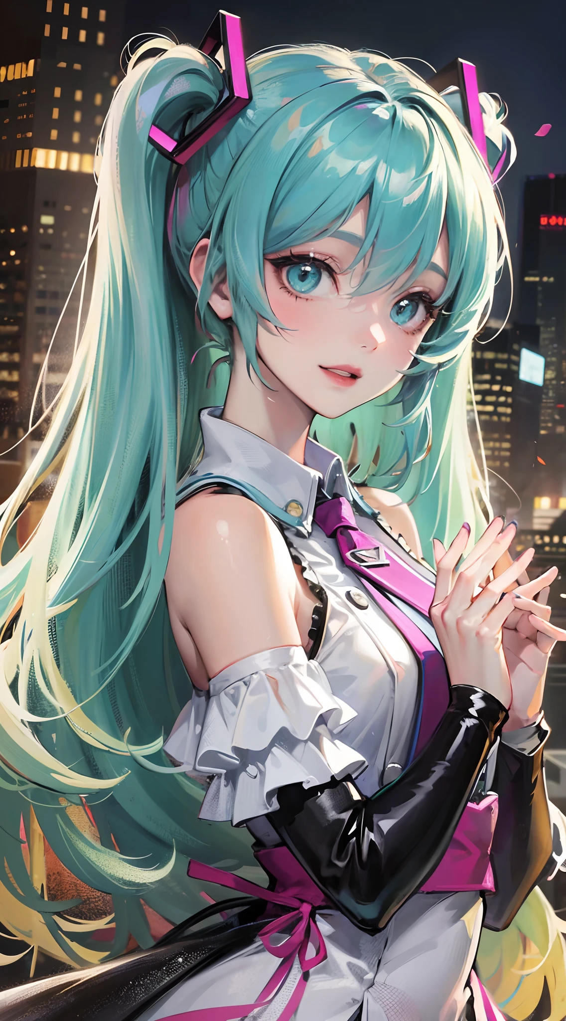 Absurdres masterpiece HDR high quality picture of Hatsune Miku, very girl 14 years ailed face, simple hair design , beautiful face, happy face, hands on waist and hands are hiding in her hair and clothes , very long hair, ((random hair style:1 )) , anime eyes, light skin ,
Courtesan outfit , detailed dress, detailed hair ornaments , concert stage background, masterpiece scenery