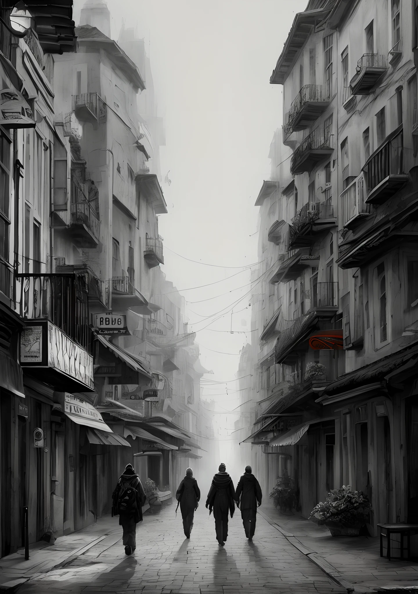 Images of a city in conflict, A long shot of a young, unattractive Latino woman standing, Lower body naked, Wearing worn out, dusty clothes, Wearing socks, ((A bearded man is looking at us from the back of the picture.)), masterpiece, High resolution, Masterpiece