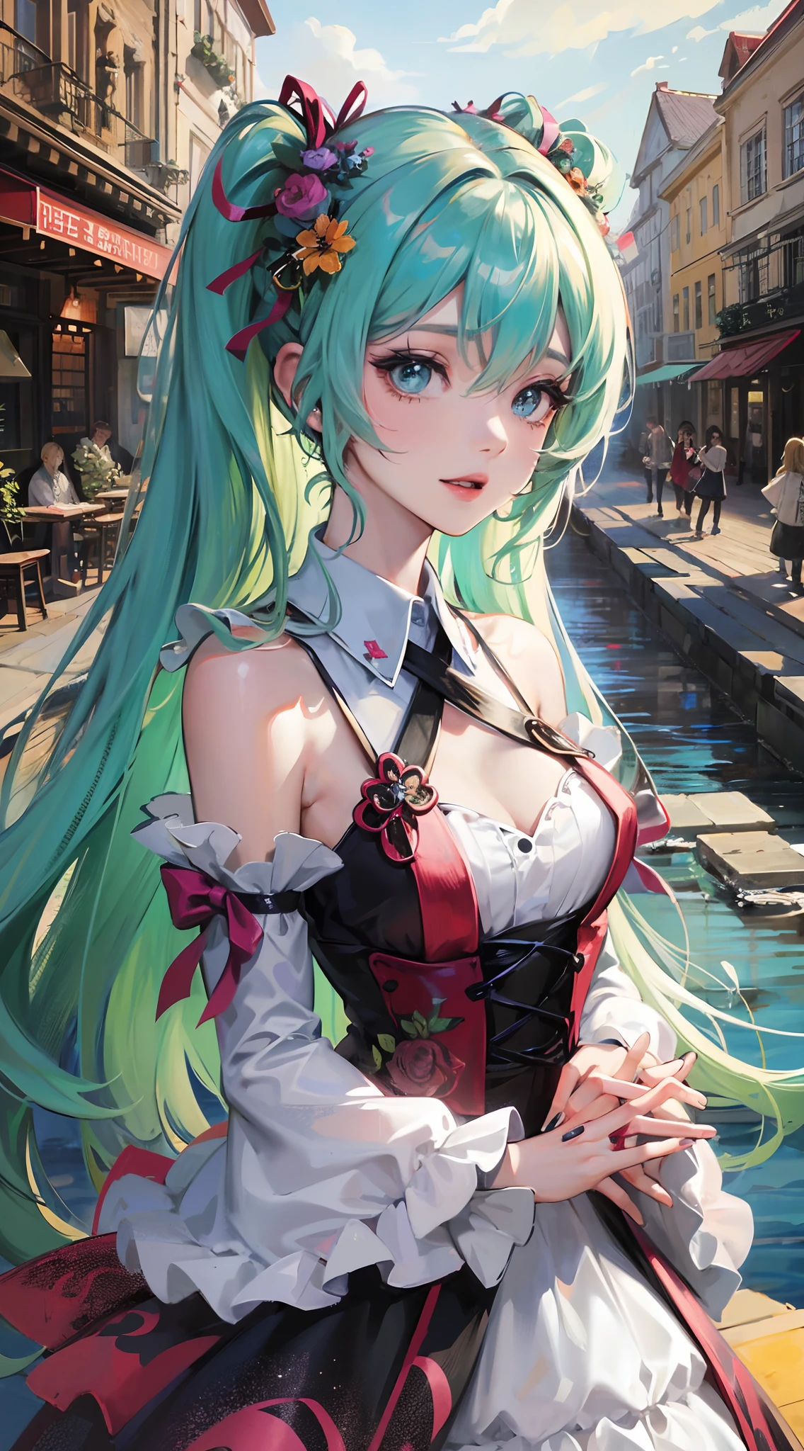 Absurdres masterpiece HDR high quality picture of Hatsune Miku, very girl 14 years ailed face, simple hair design , beautiful face, happy face, hands on waist and hands are hiding in her hair and clothes , very long hair, ((random hair style:1 )) , anime eyes, light skin ,
Courtesan outfit , detailed dress, detailed hair ornaments , concert stage background, masterpiece scenery