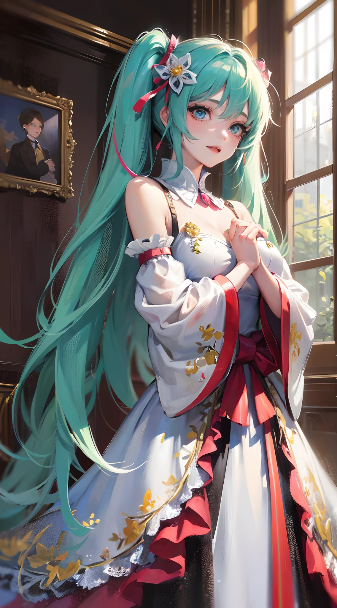 Absurdres masterpiece HDR high quality picture of Hatsune Miku, very young age girl 14 years old with detailed face, simple hair design , beautiful face, happy face, hands on waist and hands are hiding in her hair and clothes , very long hair, ((random hair style:1 )) , anime eyes, light skin ,
Courtesan outfit , detailed dress, detailed hair ornaments , concert stage background, masterpiece scenery