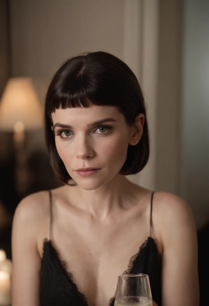 Photographie fujifilm de Kate Mara avec la coupe de cheveux de Mia Wallace, elle porte une chemise décolletée blanche couverte de sang et du maquillage zombie, elle boit un cocktail de sang, soirée déguisée avec pour thème Halloween