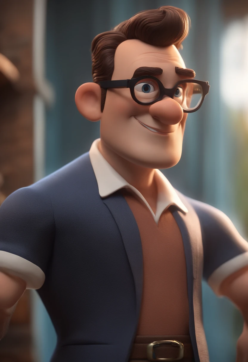 Cartoon character of a man with black glasses and a blue shirt, animation character, Caractere estilizado, animation style rendering, 3D estilizado, Arnold Maya render, 3 d render stylized, toon render keyshot, Personagem 3D, Personagem 3D, 3d rendering stylized, 3 d character render, personagem de desenho animado, Personagem de close up, Pose de personagem,  (Estilo Pixar) (master part:1.2) (Bokeh) (best quality) (pele detalhada) (textura detalhada) (8k) (argila) (Cinematic lighting) (foco nítido