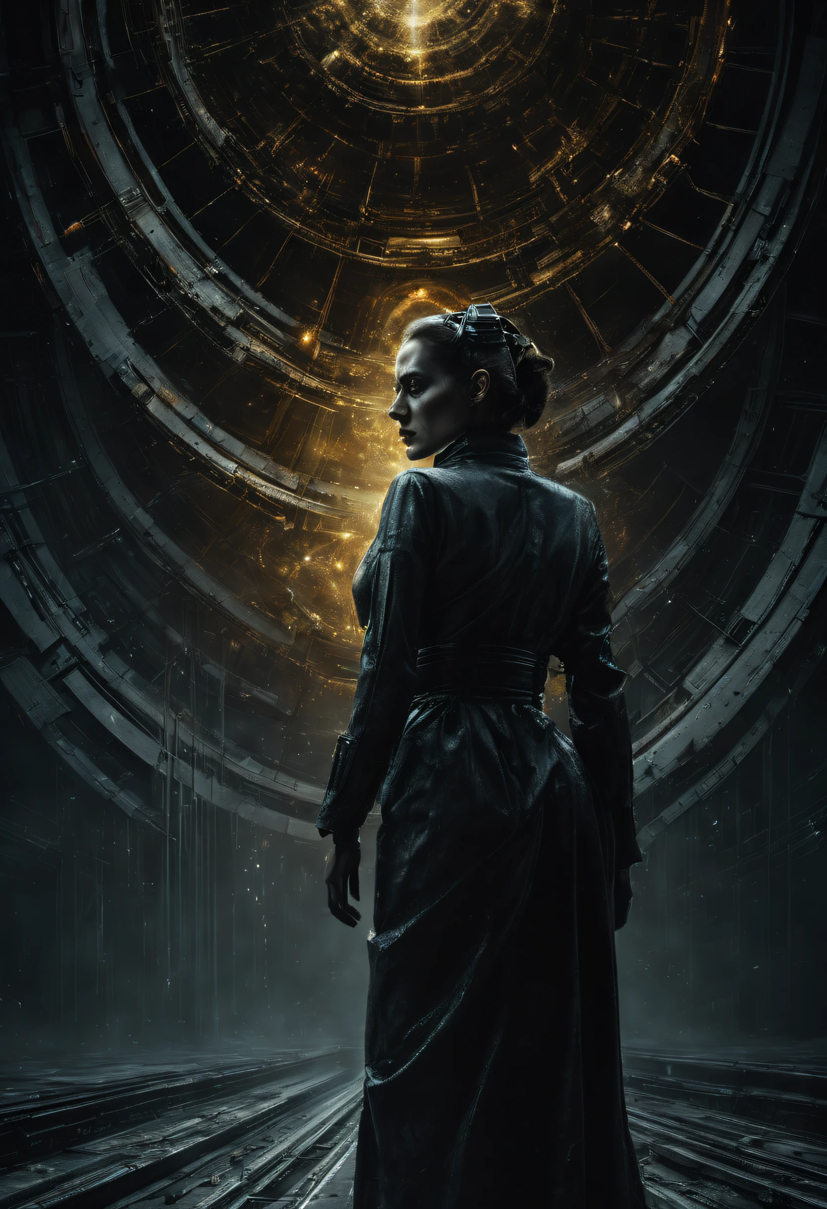 Modern art style on the theme of "1997 film Event Horizon" in the style of Stefan Gesell, golden ratio, horrible scene, fear, death, Movie Still