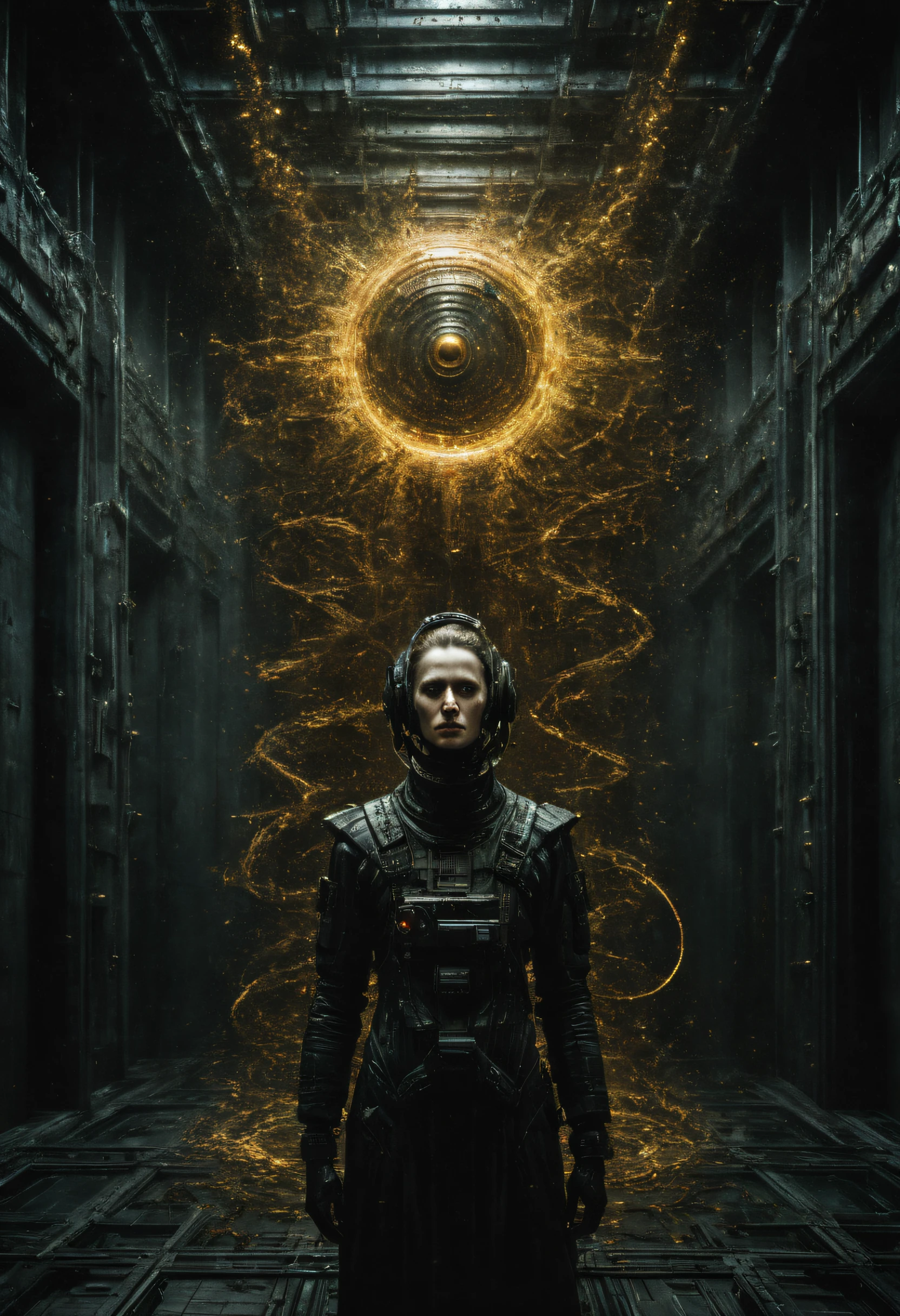 Modern art style on the theme of "1997 film Event Horizon" in the style of Stefan Gesell, golden ratio, horrible scene, fear, death, Movie Still