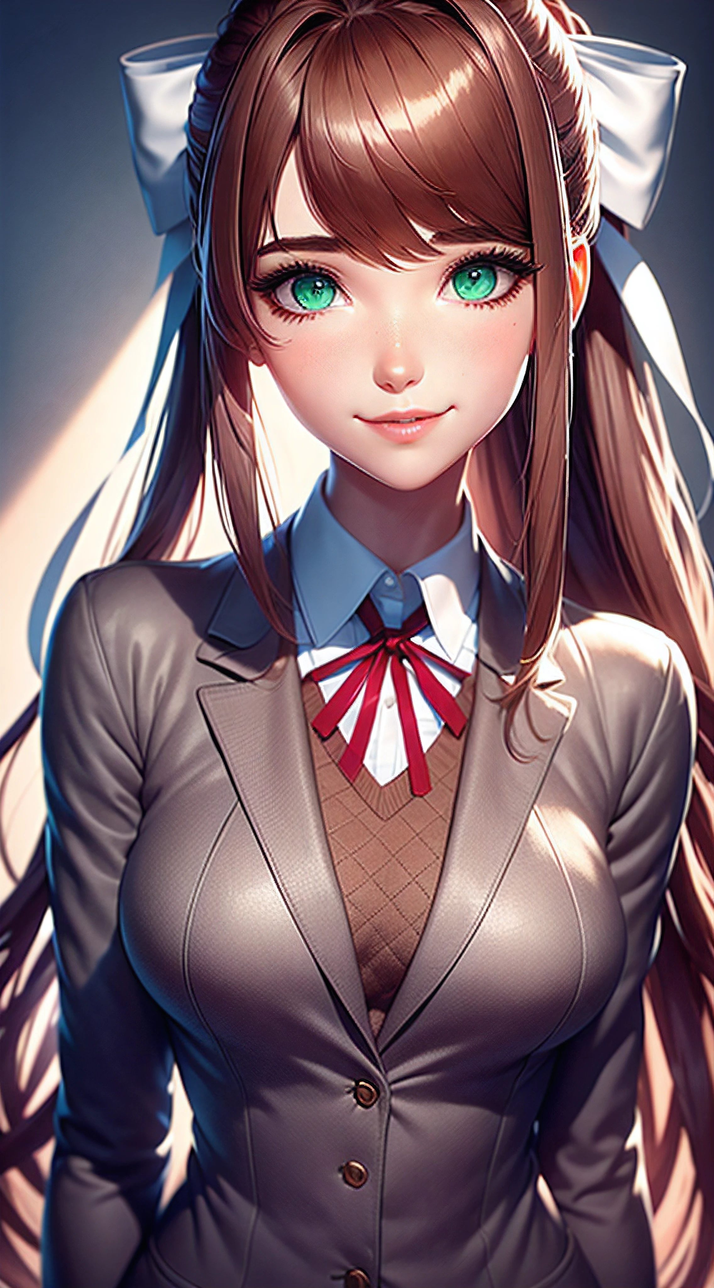 Monika, confident and welcoming expression, thin rosy lips forming a gentle smile, oval face with prominent cheekbones, small and straight nose, well-defined eyebrows, side-swept bangs brushing the forehead, large white ribbon tied into a bow on the right side of the head, long brown hair with slightly wavy ends, bright emerald green eyes, Monika wears a warm gray blazer that is well-fitted and accentuates her slender figure. Underneath the blazer, she sports a brown wool vest that adds an extra layer of sophistication to her ensemble. The white shirt beneath the vest is immaculate and well-ironed, giving her a professional and neat appearance. To complete the look, she wears a vibrant red ribbon that beautifully contrasts with the rest of her neutral attire.