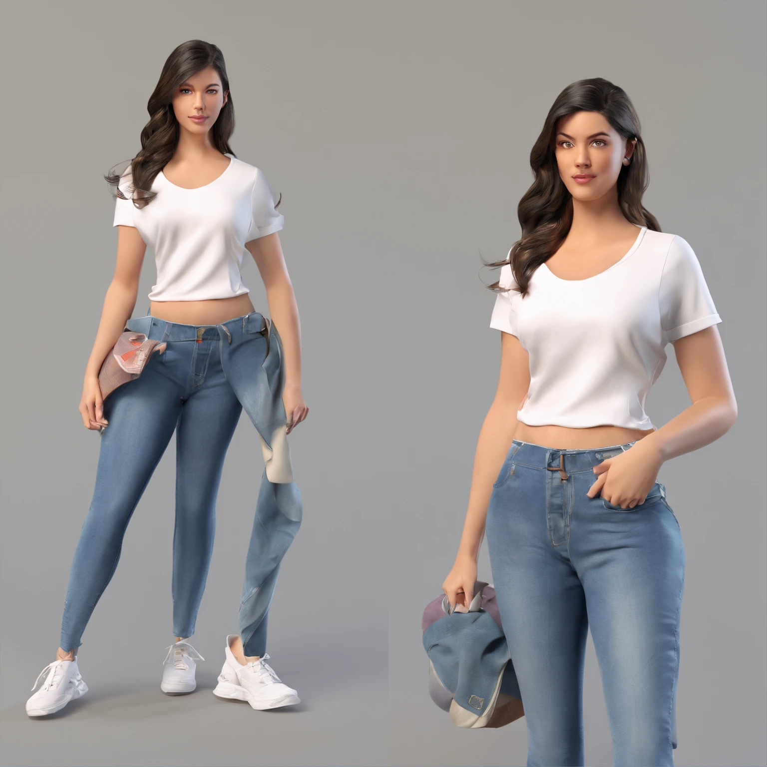 Woman Big belly jeans sneakers plataforma t-shirt