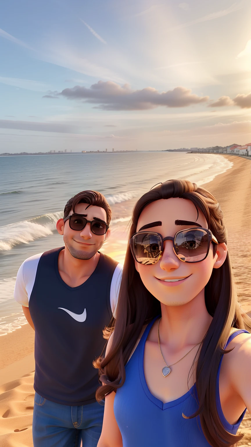 Casal moreno, homem cabelo curto, qualidade alta, por do sol ao fundo