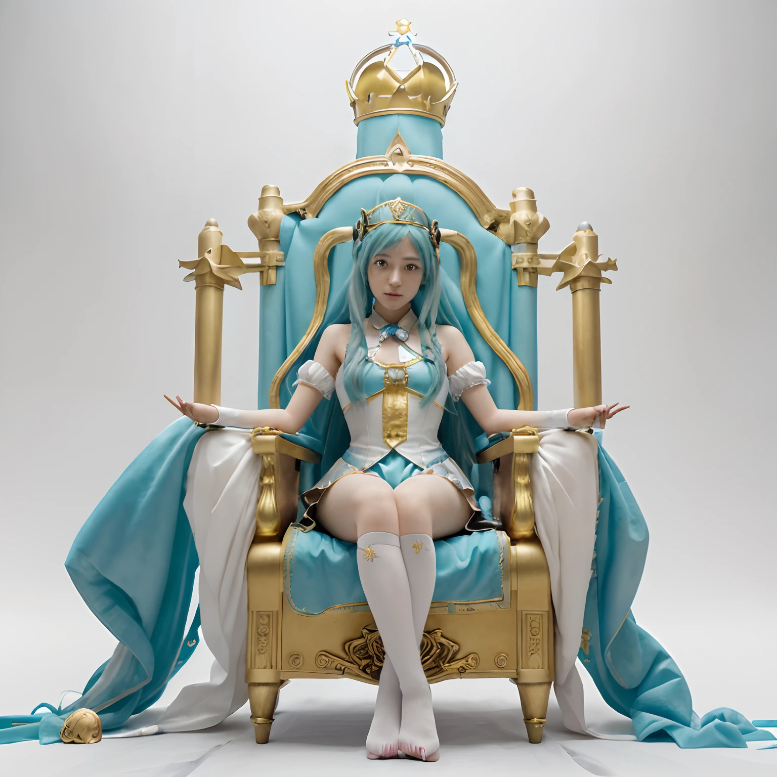 1girl, Hatsune Miku, princess outfit, crown, gold, ((throne)), in a castle, Middle Ages, wearing a blue vest, one foot on the ground, the other foot calf turned outward, one hand holding the microphone, the other hand across the eyes Biye, white background