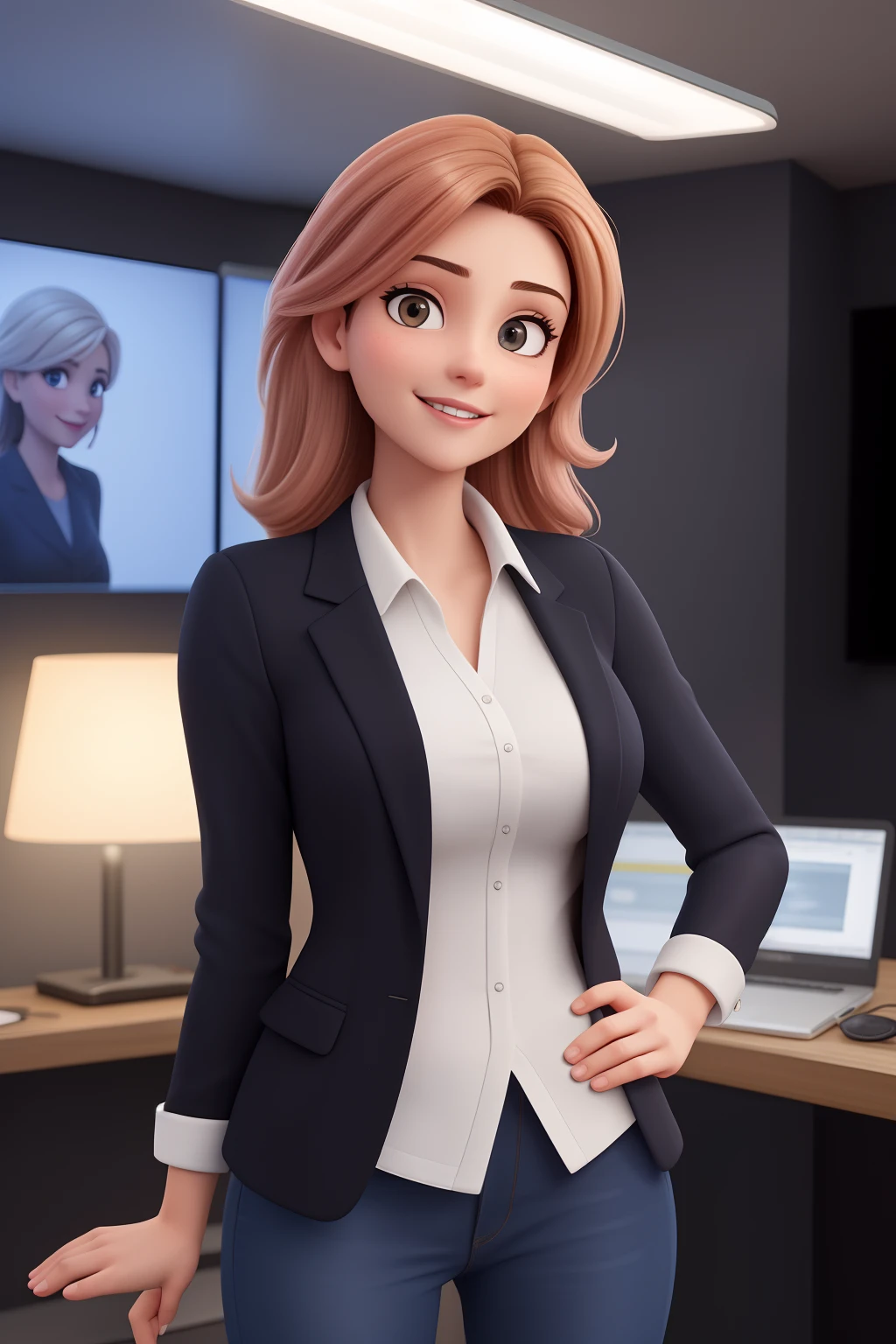 Uma mulher de 37 anos, com longos cabelos castanhos escuros , Rosto redondo, sorriso encantador, e olhos castanhos, em sua empresa de tecnologia, studio lighting, sign projetos em tech chamada Get ITalent. Ela veste blazer preto