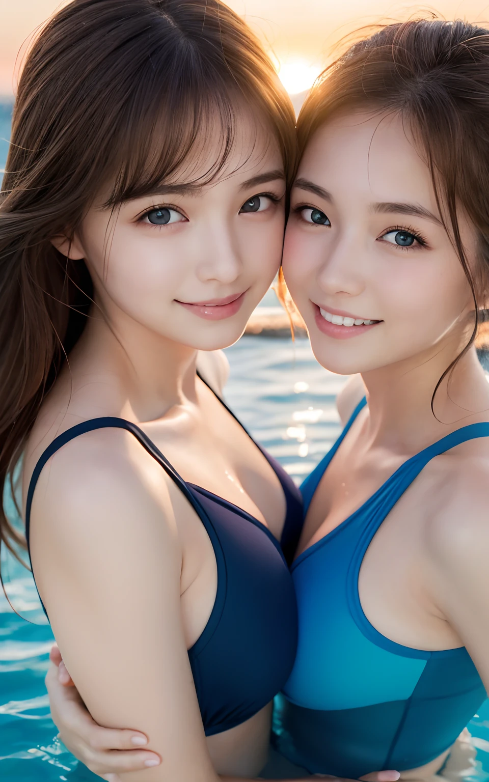 Photorealistic, close up, From below, of the highest quality, masutepiece, 16 K, High resolution, close up, 2 girls in, blush, beautiful hair of light brown color, Blue eyes, swim wears, Plump breasts, Smile, Sunset Class, They are hugging each other,