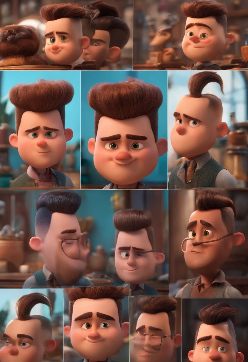 A Dream Barber Inspired by Pixar Animation, de perto. The character takes center stage with captivating facial expressions, oferecendo um toque de irrealidade, Cabelo curto e gordinho gradiente