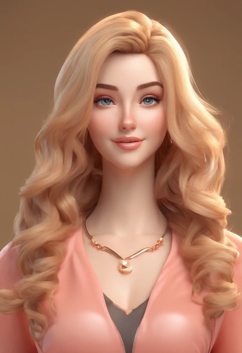Cartoon character of a nice woman with long hair with blond highlights, olhos castanhos escuris, e uma camisa branca fria, animation character.