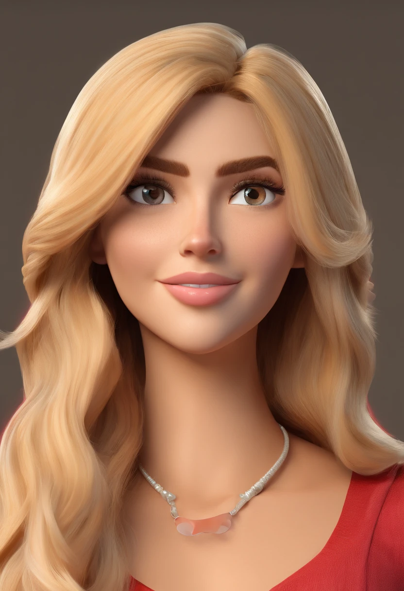 Cartoon character of a nice woman with long hair with blond highlights, olhos castanhos escuris, e uma camisa branca fria, animation character.