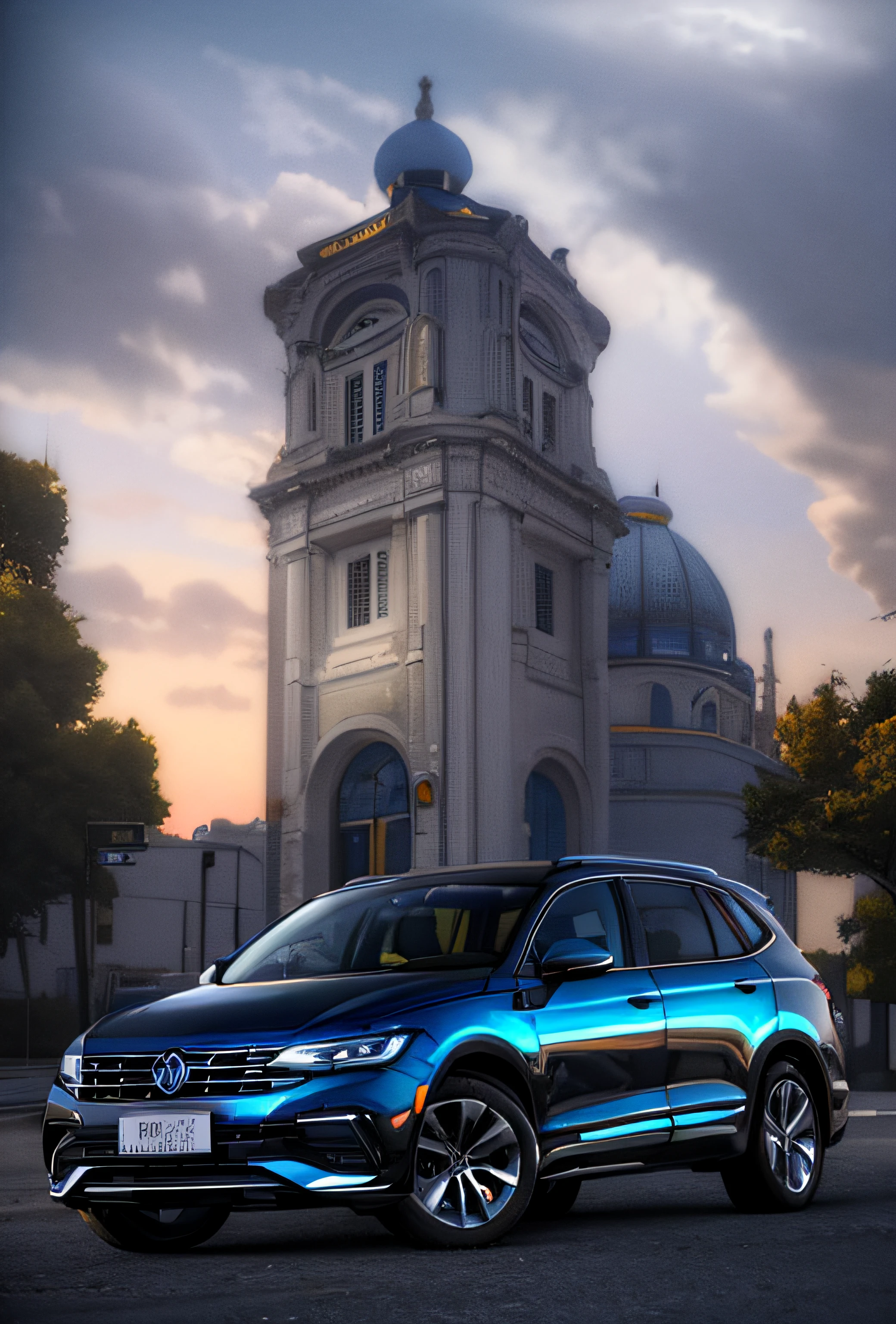 The Alafid Volkswagen SUV was parked in front of a building with a bell tower, photography of, Touareg L, vehicle photography, automotive photography, car commercial photograph, inspired by Luis Paret y Alcazar, A high resolution, high-quality picture, advertising photograph, hdr render, Edited, discovered photo，cyber punk style