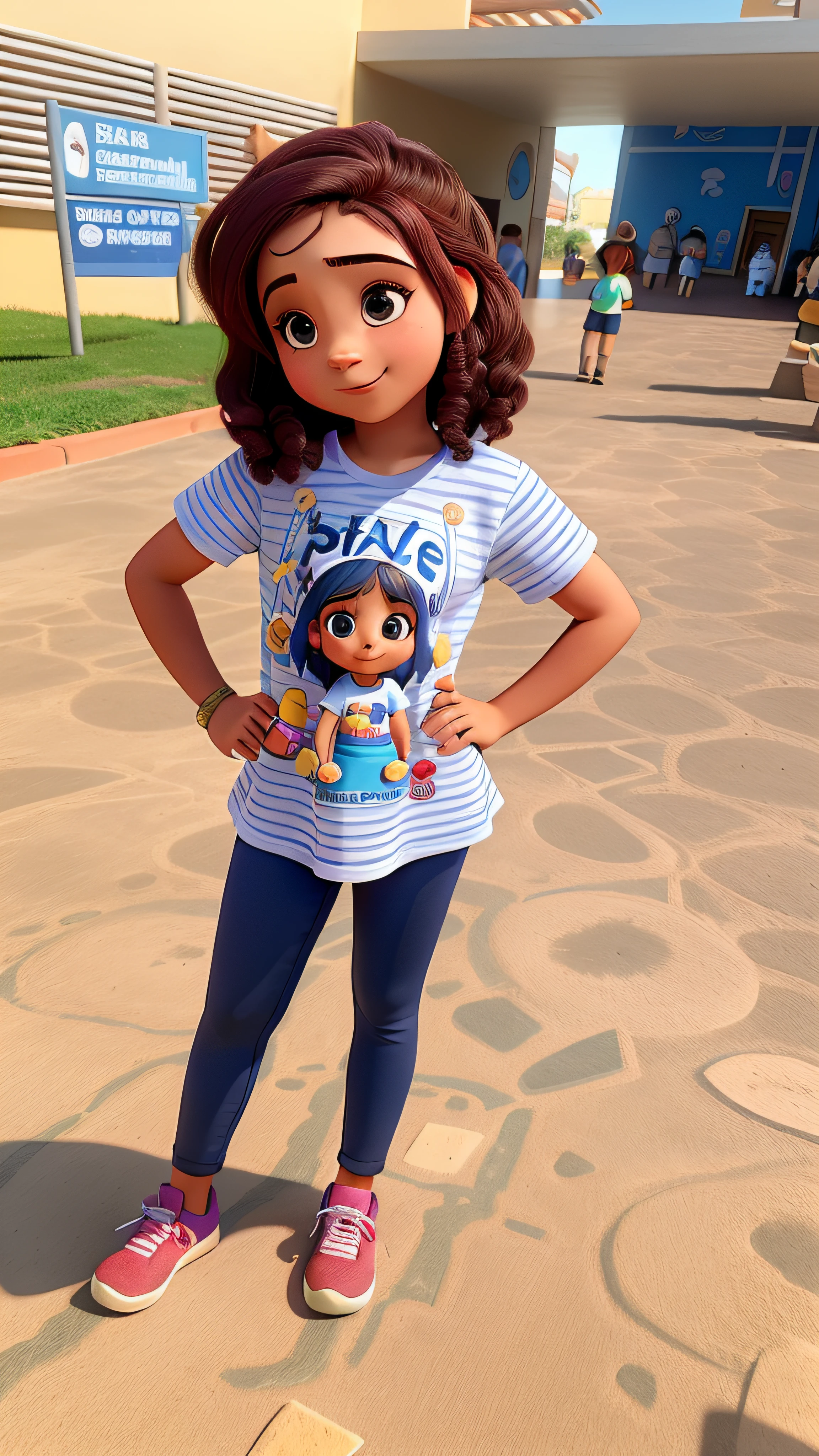 Uma menina com cabelos cacheados castanho, com camiseta da mirabel do encanto, iluminado pela luz do sol, contra o pano de fundo de um castelo da disney