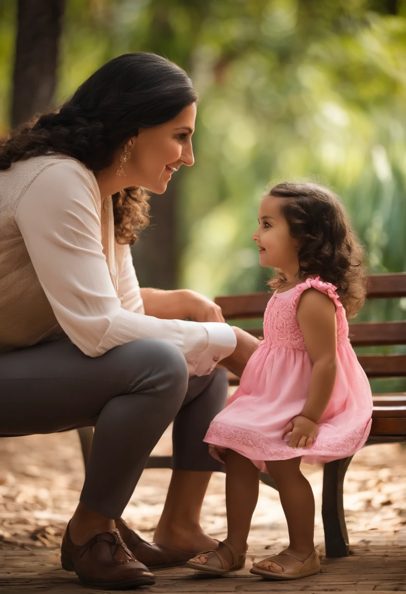 menina: cecilia, aproximadamente 5 anos de idade, cabelo curto estilo Disney, olhos castanhos e sorrisos. garota: Giovana, 5anos, longos cabelos pretos e olhos pretos. Father tall man slim black hair wide smile brunette and mother black hair short 35 years old short scenery: Cecilia and Alice sitting on a bench and father and mother standing in the back