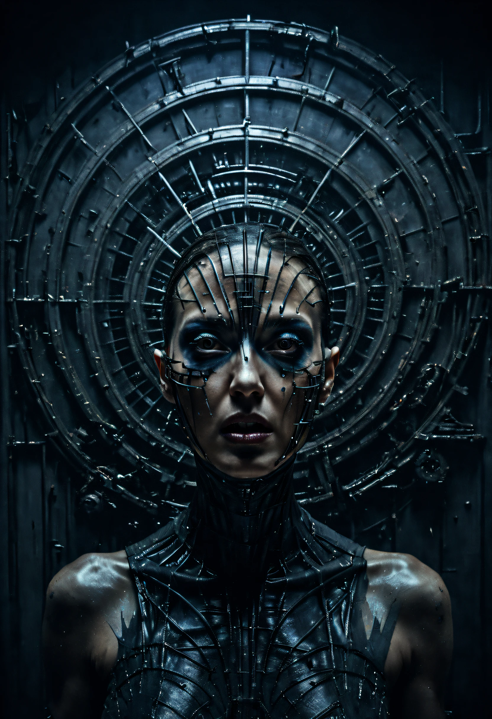 Modern art style on the theme of "1997 film Event Horizon" in the style of Stefan Gesell, golden ratio, horrible scene, fear, death, Movie Still