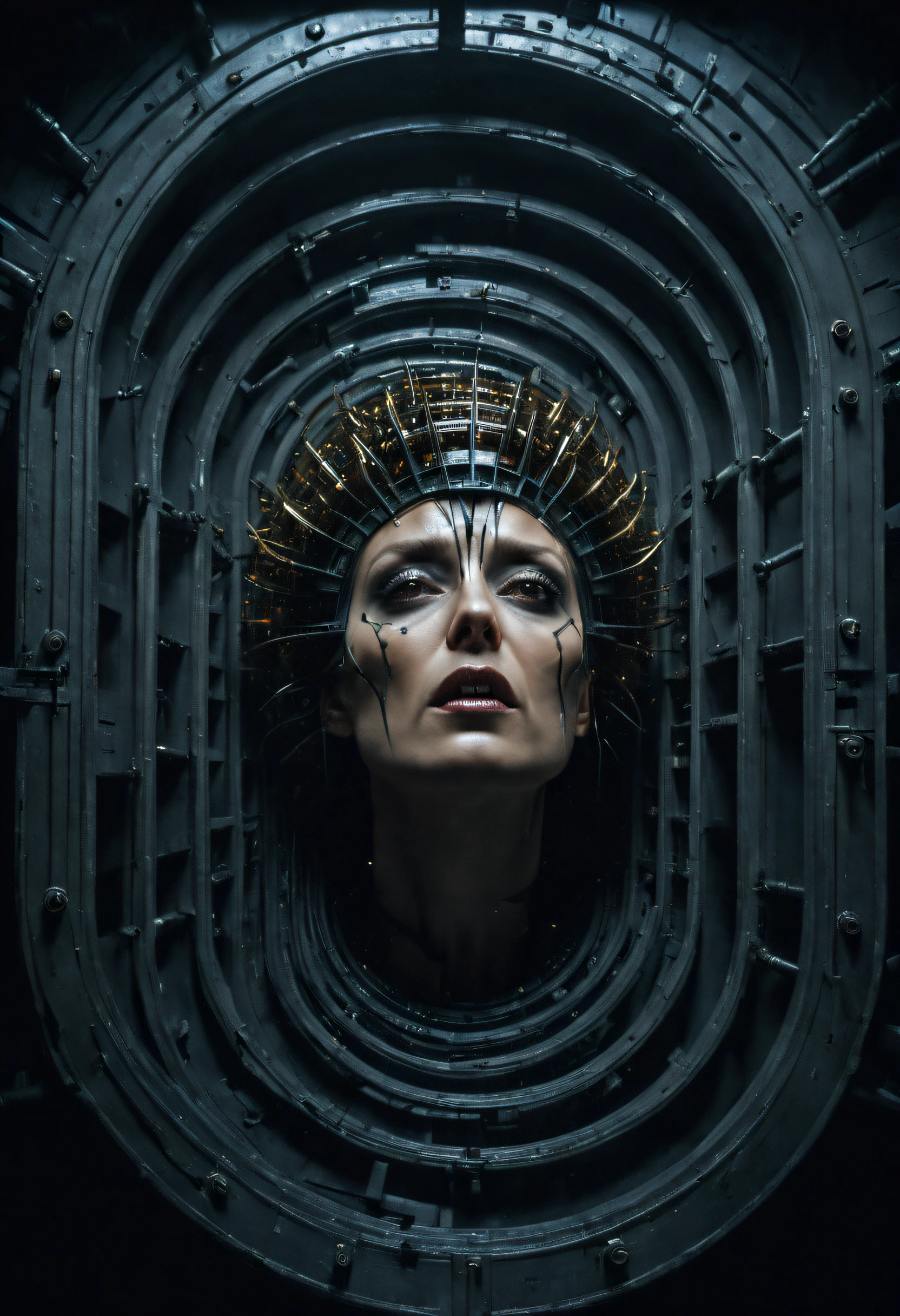 Modern art style on the theme of "1997 film Event Horizon" in the style of Stefan Gesell, golden ratio, horrible scene, fear, death, Movie Still