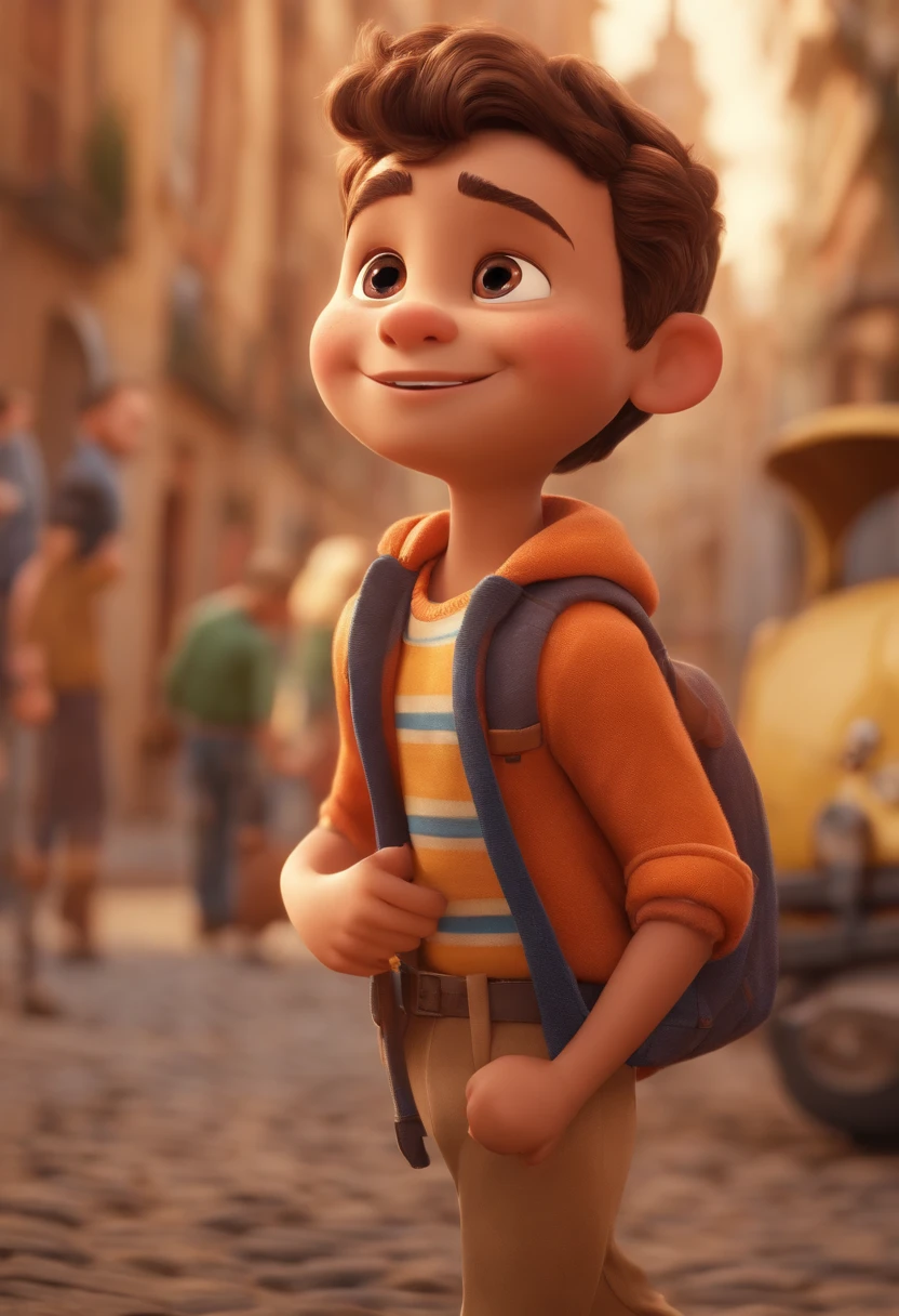 a happy cute ??? standing, cabelo curto vestindo um terno social, , fundo branco, barnet, Tom, Estilo Pixar, ....3d, desenhos animados, rosto detalhado (baseado na imagem) asymmetrical 16k homem de 28 anos, cabelo escuro, olhos castanhos claros, em uma avenida movimentada, com roupas sociais, terno, estilo pixar, realista