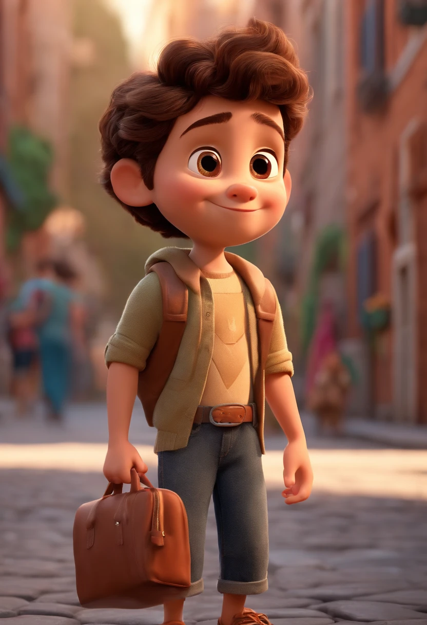 a happy cute standing, cabelo curto vestindo um terno social, , fundo branco, barnet, Tom, Estilo Pixar, ....3d, desenhos animados, rosto detalhado (baseado na imagem) asymmetrical 16k homem de 28 anos, cabelo escuro, olhos castanhos claros, em uma avenida movimentada, com roupas sociais, terno, estilo pixar, realista