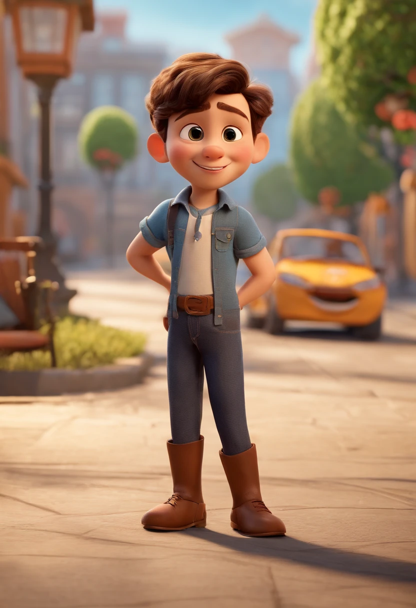 a happy cute ??? standing, cabelo curto vestindo um terno social, , fundo branco, barnet, Tom, Estilo Pixar, ....3d, desenhos animados, rosto detalhado (baseado na  imagem) asymmetrical 16k homem de 28 anos, cabelo escuro, olhos castanhos claros, em uma avenida movimentada, com roupas sociais, terno, estilo pixar, realista