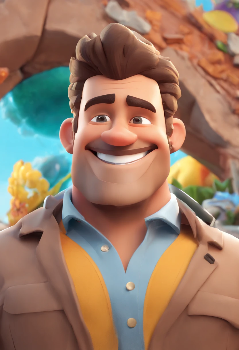 Smiling Man Illustration, sorriso insano, Homem de pele marrom com um sorriso gigante, happily smiling at the camera, sorriso atrevido, he's smiling, sorriso muito grande, Macho sorridente, foto de perfil headshot, rindo sorriso enorme, desenhando no estilo de Arte 3D, c4d, fundo de cor branco puro, estilo disney, estilo pixar render ilustracao Super Detalhe, 8k