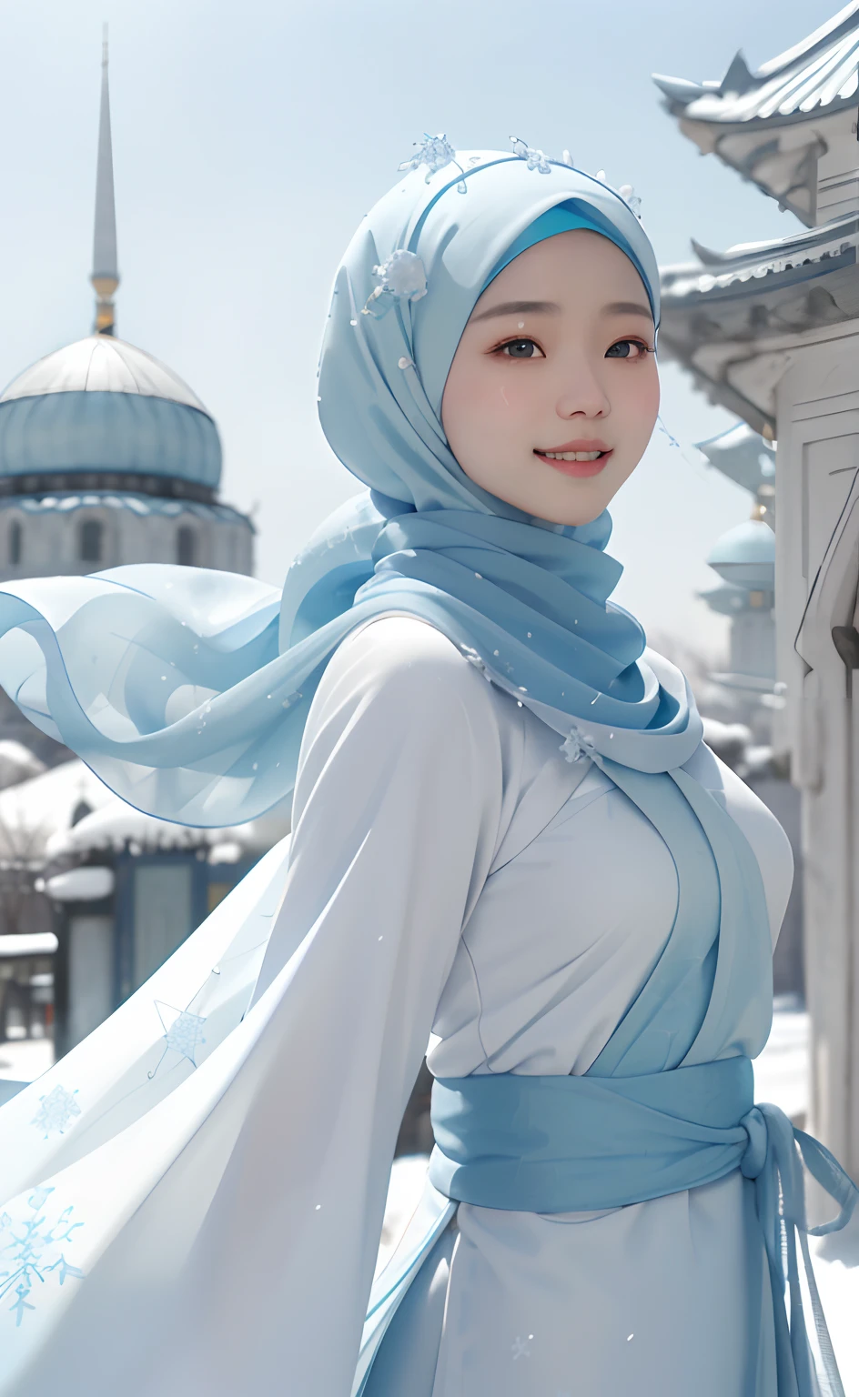 Best quality, 4K picture quality, 1 malay girl in hijab, light blue Hanfu, snow, long hijab fluttering in the wind, healing smile, large aperture, blurred background, blue mosque in background, morning lighting, realistic photo, real