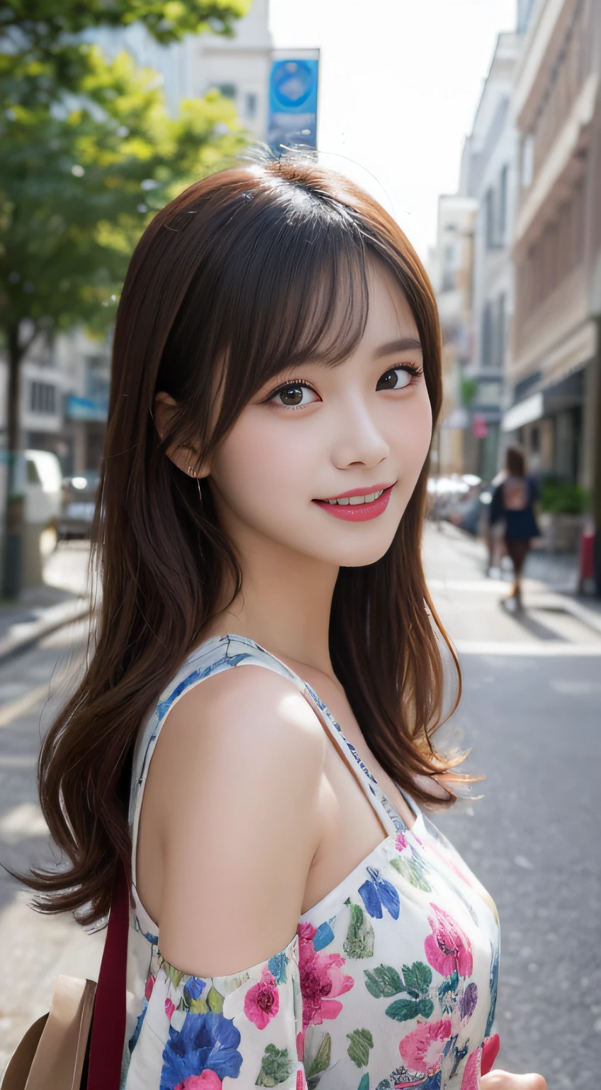 Look here and smile、Inside the city、Colorful summer clothes、masutepiece, Best Quality, Illustration, Ultra-detailed, finely detail, hight resolution, 8K Wallpaper, Perfect dynamic composition, Beautiful detailed eyes , Sexy face