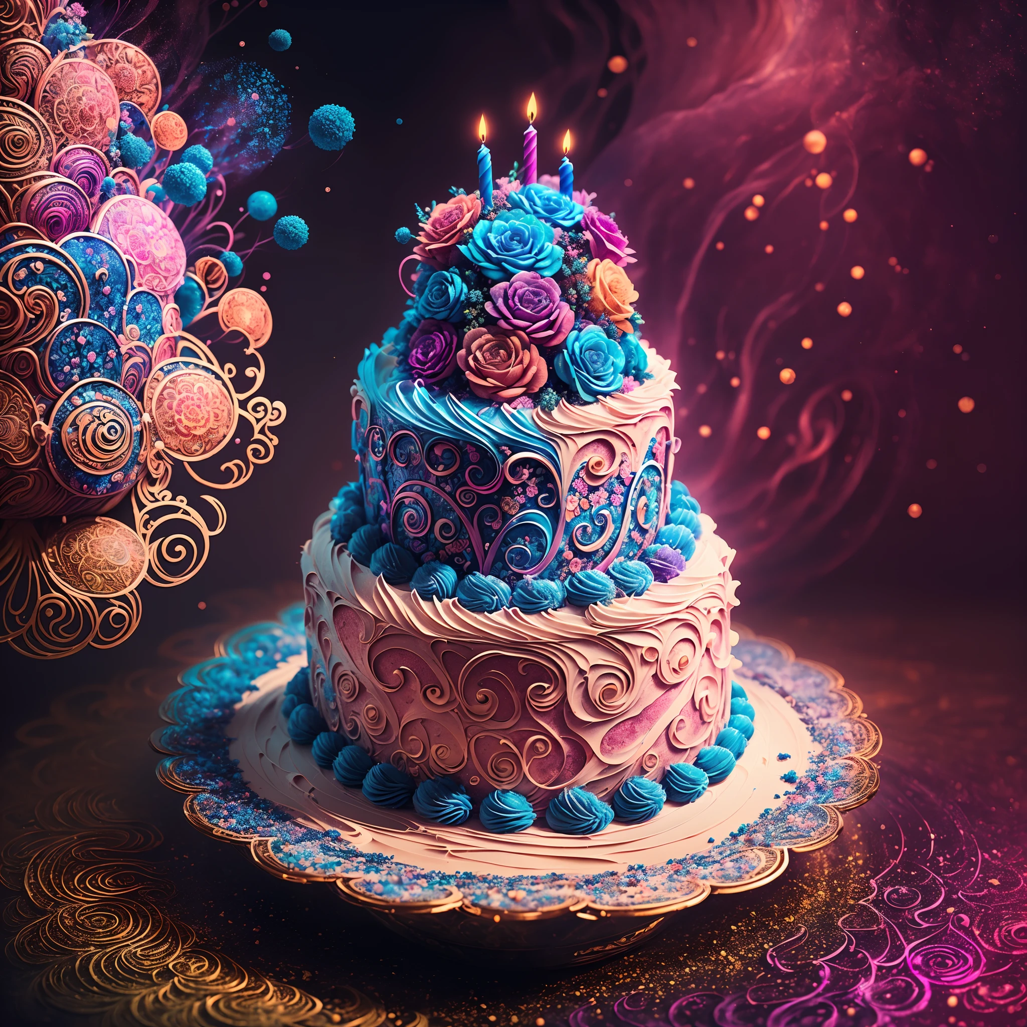 (The birthday cake),Riff style, (masutepiece, top-quality, Best quality, offcial art, Beautiful and aesthetic:1.2), (rosette:1.3), Extremely detailed,(Fractal art:1.1),(Colorful:1.1)(Flowers:1.3),highest details,(zentangle:1.2), (abstract backgrounds:1.3), (many color:1.4), ,(feater:1.5)