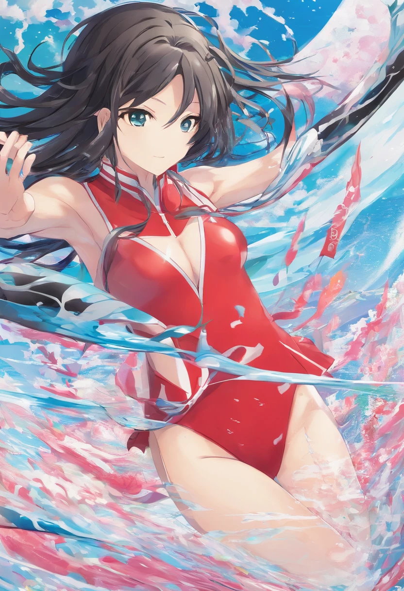Uzaki Hana Red Competitive Swimsuit a atalho, seios fartos, cabelos ruivos cacheados