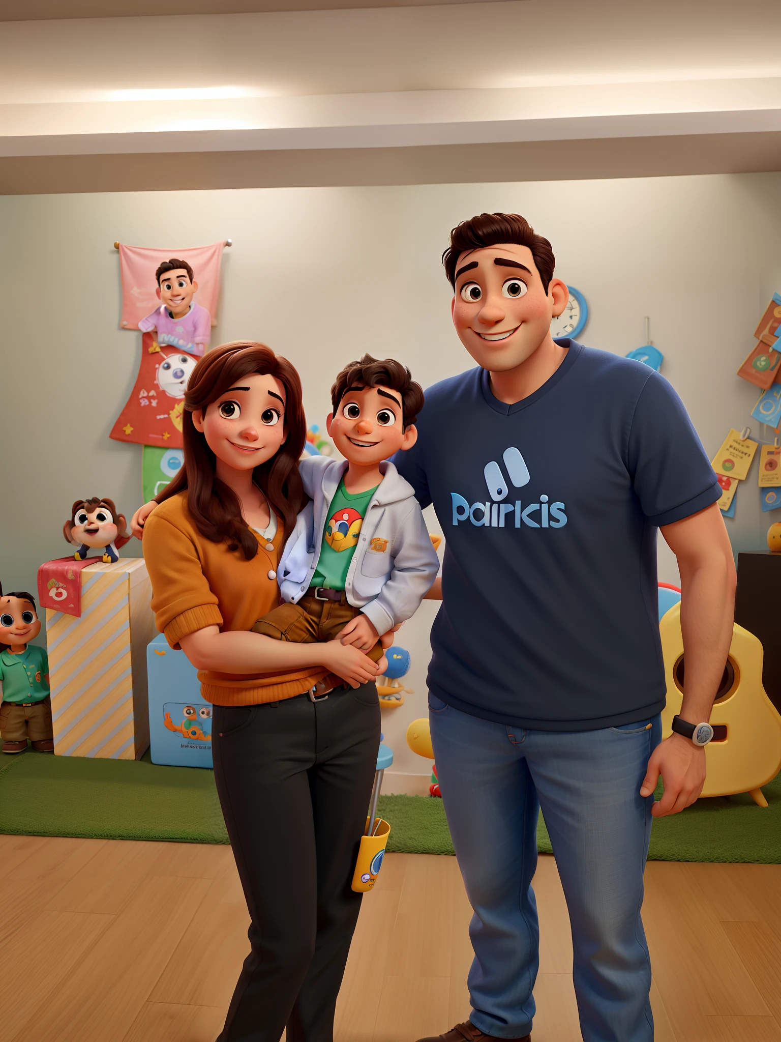 Papai, mommy, filho sorrindo, posando pra foto, Disney pixar |