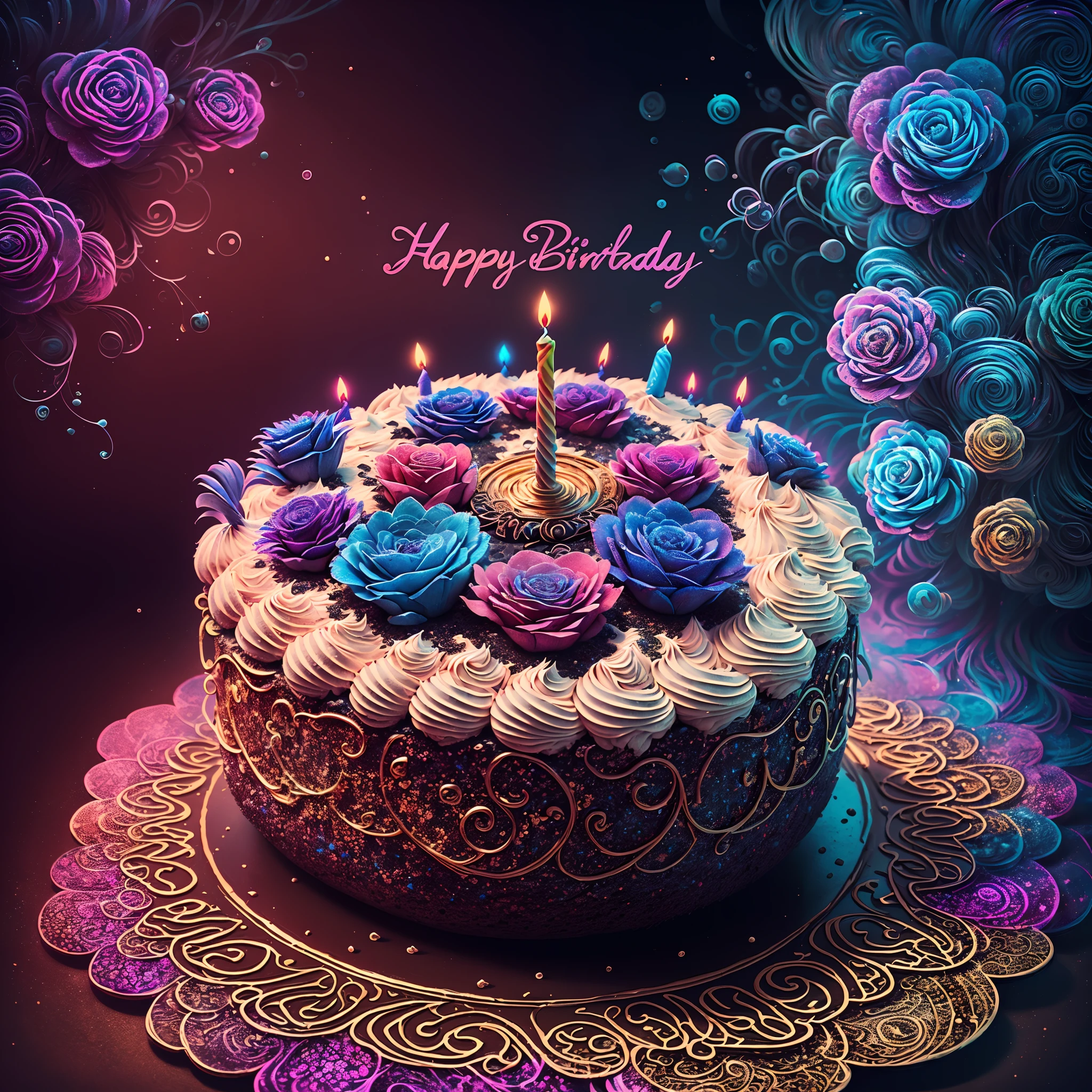(The birthday cake),Riff style, (masutepiece, top-quality, Best quality, offcial art, Beautiful and aesthetic:1.2), (rosette:1.3), Extremely detailed,(Fractal art:1.1),(Colorful:1.1)(Flowers:1.3),highest details,(zentangle:1.2), (abstract backgrounds:1.3), (many color:1.4), ,(feater:1.5)
