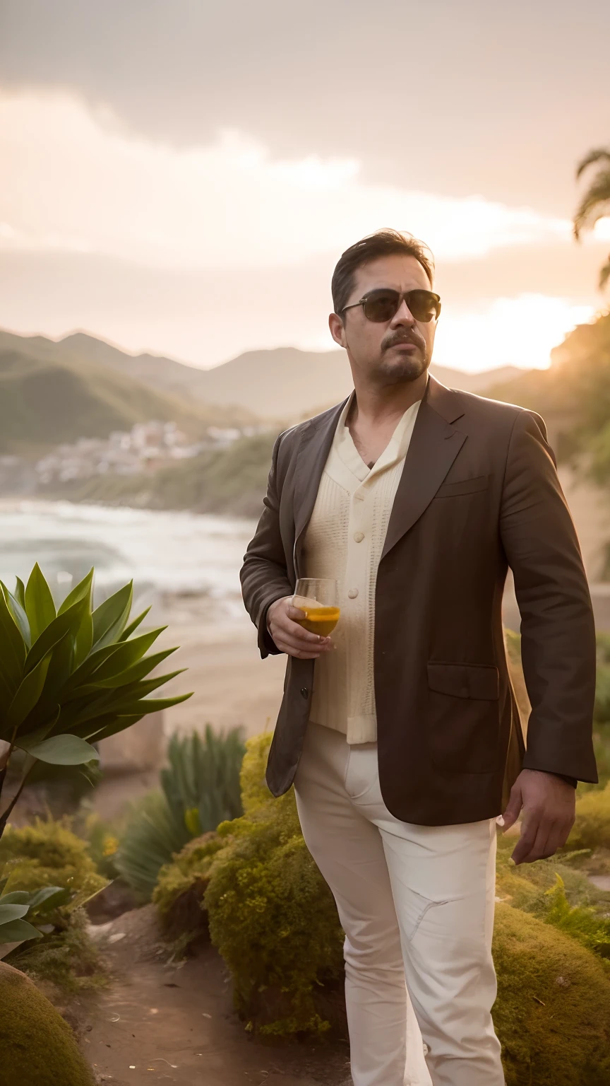 Man in brown jacket and white pants holding a drink, andres rios, Foto de perfil, com uma bebida, vestindo um terno marrom desgastado, com charuto, david rios ferreira, henry ascensio, imagem de perfil, homem bonito, no estilo de kar wai wong, Homem na casa dos 30 anos, em estilo de davey adesida, production still