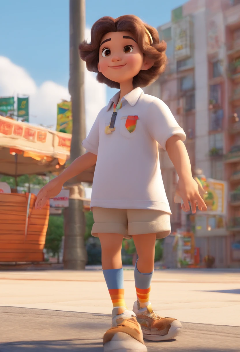 Desenho animado de gordo, de camisa branca, Pixar animation style, pixar renderman rendering, maia 8 mil, animated film, Disney Pixar Estilo 3D, Wearing white shirts and long black pants, without glasses, sozinho, cabelo preto, baixinho.