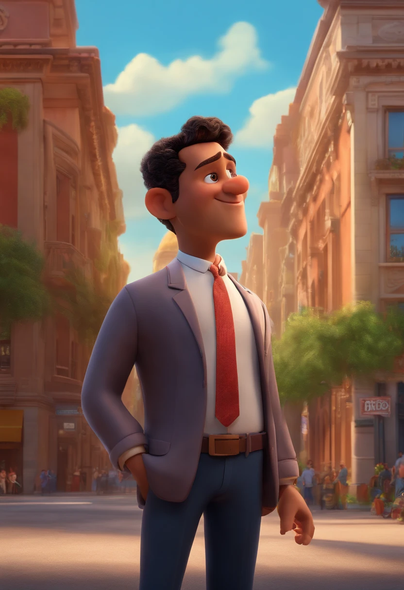 A city councilman looking at a dream project inspired by Pixar animation, de perto. The character takes center stage with captivating facial expressions, oferecendo um toque de irrealidade