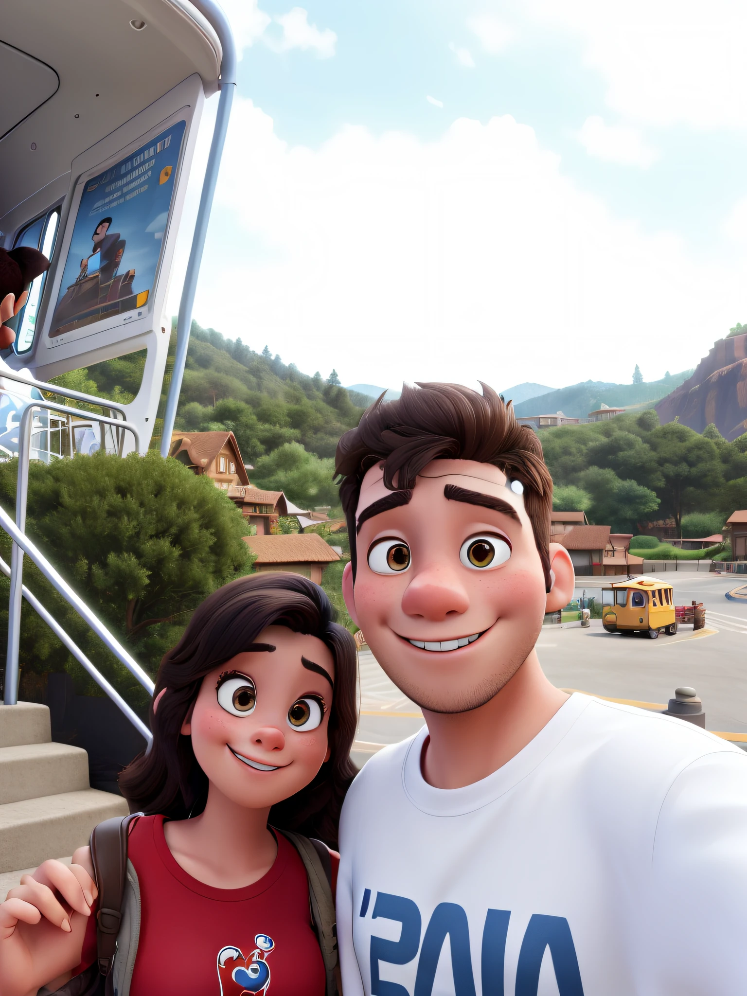 young couple, hugging, access ramp, cable car, disney pixar style, high quality, good quality, in photo studio