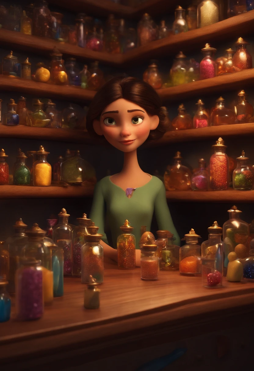 A collector of ideas inspired by Pixar animation, de perto. She is surrounded by a collection of magic vials, each containing a unique idea. The focus is on the character, with a captivating facial expression, Against a backdrop of shimmering, cores efervescentes.