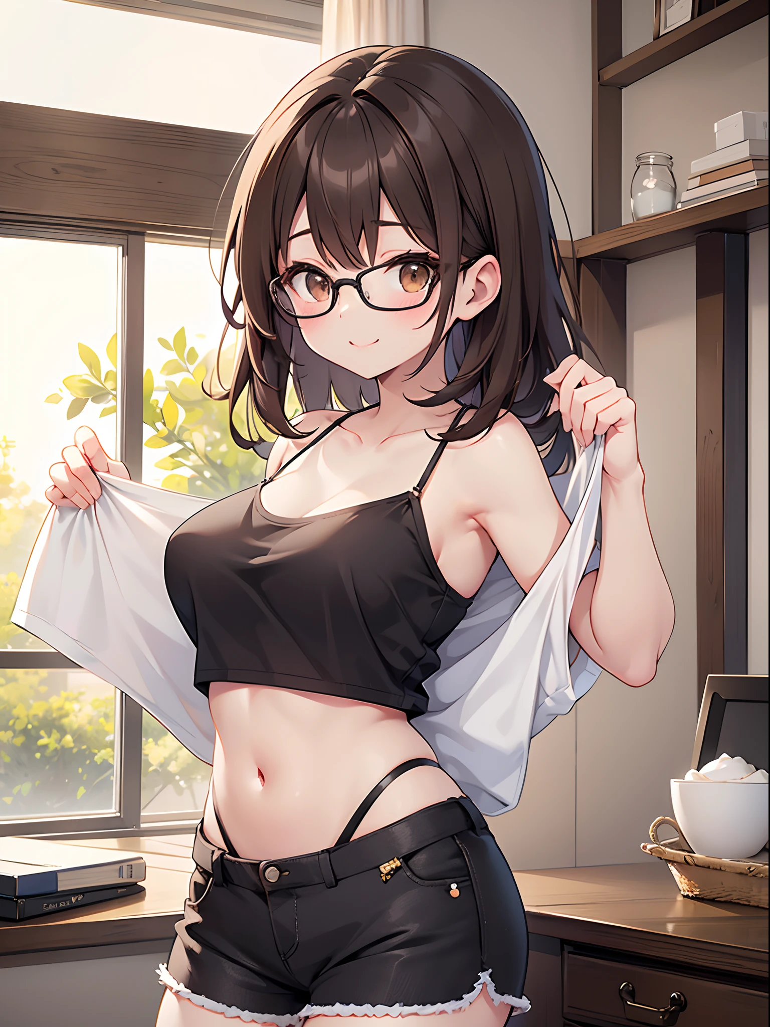 masterpiece, top quality, realistic, photorealistic, amazing lighting, super detail, dynamic angle, masterpiece, perfect face, (bright lighting: 1.2), beautiful detailed eyes, highly detailed face, perfect lighting, squatting, room, bed, 1 girl, {hair (dark brown), twintails}, high school uniform, pleated skirt, stockings, glasses, sweaty, wet body, navel, thighs, buttocks, big, slim, slender, translucent, embarrassing look, blush, covered, ((white panties, camel toe)),