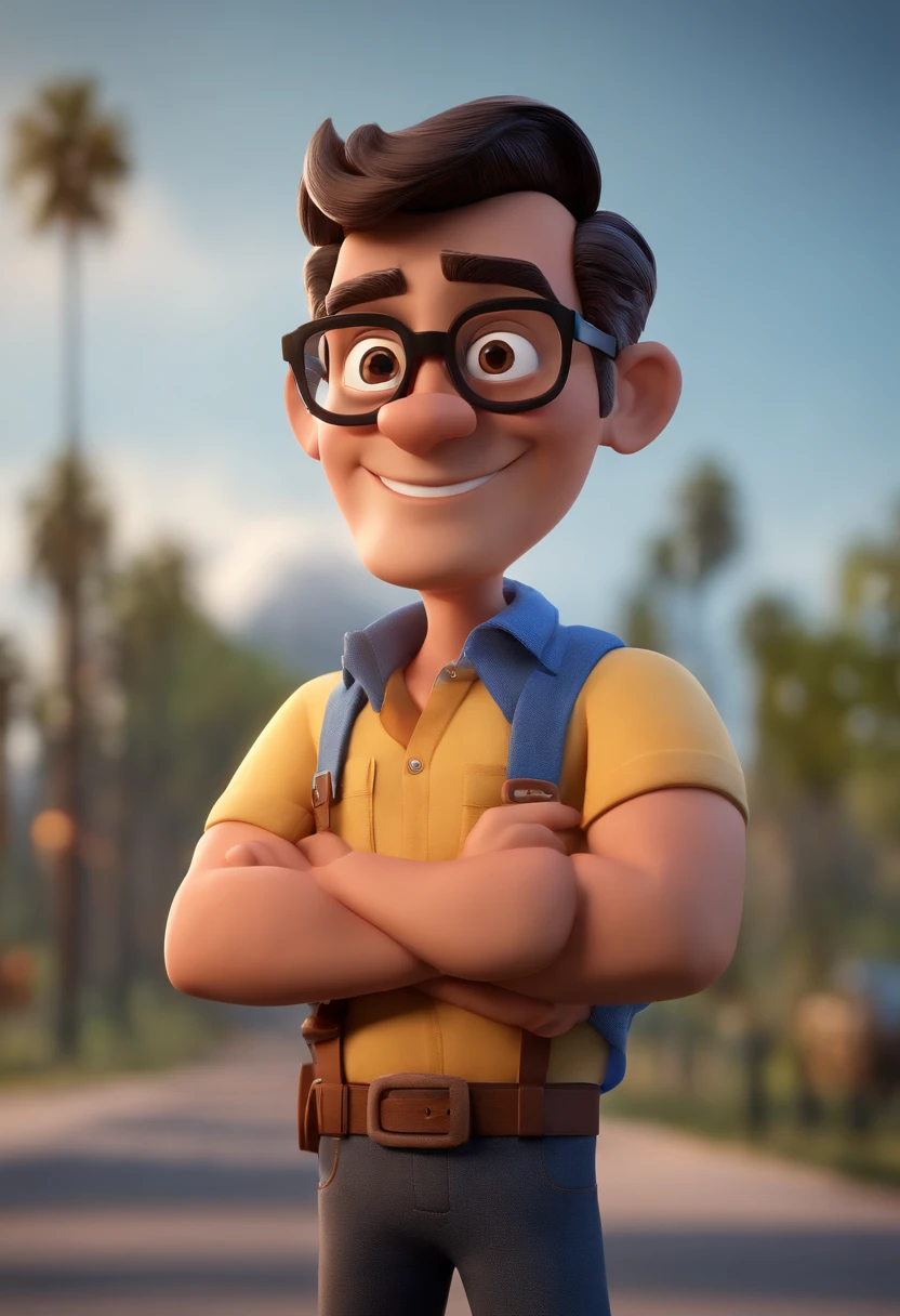 Cartoon character of a man with black glasses and a blue shirt, animation character, Caractere estilizado, animation style rendering, 3D estilizado, Arnold Maya render, 3 d render stylized, toon render keyshot, Personagem 3D, Personagem 3D, 3d rendering stylized, 3 d character render, personagem de desenho animado, Personagem de close up, Pose de personagem,  (Estilo Pixar) (master part:1.2) (Bokeh) (best quality) (pele detalhada) (textura detalhada) (8k) (argila) (Cinematic lighting) (foco nítido